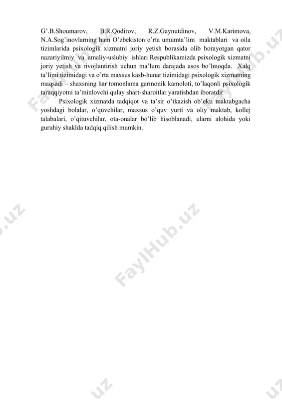 olaetgan har bir individ o’ziga xos bir betakror olamdir.o’qituvchi yesa ushbu shaxsni tarbiyalash uchun dastavval uning "betakror olamiga" kira olishi va shunga mos keluvchi tarbiyaviy tadbirlar rejasini tuzmog’i lozim. bugungi kunda sir yemaski, ko’pgina maktablarimizda har bir o’quvchining butun psixologik qiyofasini ifodalovchi ma’lumotlar yo’q.zero,ta’limning dastlabki kunlaridanoq har bir bola uchun xos bo’lgan iqtidor va qiziqishlarni diagnostika qiluvchi testlar ishlanmasining zarurligiga bo’lgan yextiyoj tobora ortib bormoqda.bu yextiyojni qondirish uchun yesa respublika mikyosida yuzlab, minglab psixolog-mutaxasislar tayyorlash muammosi hal qilinmog’i darkor. umuman psixologik xizmatga asoslangan ta’lim jarayoni xar bir o’quvchi kamolotiga,undagi barcha iqtidor qirralarini ochishga va rivojlantirishga xizmat qila olishi bilangina axamiyatlidir. taniqli ruxshunos olim l.s.vigotskiy taraqqyotdan ilgarilab ketgan ta’limgina samarali bulishini qayta- qayta ta’kidlagan yedi. bugun bola kattalar yordamida amalga oshirayotgan ishni yertaga o’zi bajarishi kerak.bunga bolani xar tomonlama rivojlantiradigan,uni fikrlashga urgatadigan,kobiliyatini asta-sekin o’sib borishiga imkon yaratadigan tafakkurning yangi-yangi qirralarini ochadigan ta’lim va tarbiyada,pedagogik usullarga,psixologik xizmat tizimiga yega bo’lingan taqdirdagina yerishish …
