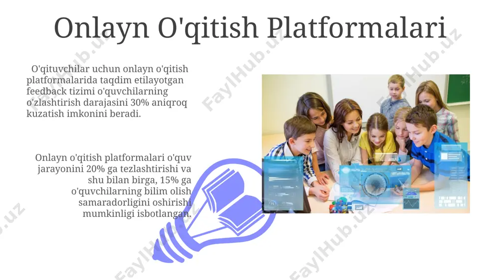 i 30% ga qiziqarli va samarali qiladi, shuningdek, talabalarning 70% da motivatsiyani oshiradi. simulyatsiya va modellashtirish murakkab jarayonlarni soddalashtirilgan modellari orqali tushuntirish, shuningdek, 5-10 minutlik qisqa animatsion videolar yordamida murakkab tushunchalarni o'zlashtirishni osonlashtiradi. simulyatsiya va modellashtirish yordamida 3d-muhitlarda 10 ga yaqin turli xil senariylarni modellashtirish va talabalarning amaliy ko‘nikmalarini 20% ga oshirish mumkin. ma'lumotlar tahlili va shaxsiylashtirilgan ta'lim shaxsiylashtirilgan ta'lim yondashuvi bilan, o'quvchilarning 95 foizigacha o'zlashtirish ko'rsatkichlari sezilarli darajada yaxshilanadi, bu esa natijalarni 2 barobar oshirishga yordam beradi. ma'lumotlar tahlili orqali o'quvchilarning 70% ga yaqini o'zlashtirish darajasini aniqlash va shaxsiylashtirilgan ta'lim rejasini 10 kundan kamroq vaqt ichida tuzish mumkin. samaradorlikni baholash va monitoring 01 02 samaradorlikni baholashda 5 darajali ballar shkalasi (1-juda past, 5-juda yuqori) va o'quv natijalari bo'yicha 3 ta asosiy ko'rsatkich (bilim, ko'nikma, kompetensiya) yordamida keng qamrovli monitoring tizimini qo'llash samaradorlikni aniqlash imkonini beradi. sales 1st qtr 2nd qtr 100 0 sales 1st qtr 2nd qtr 100 0 …