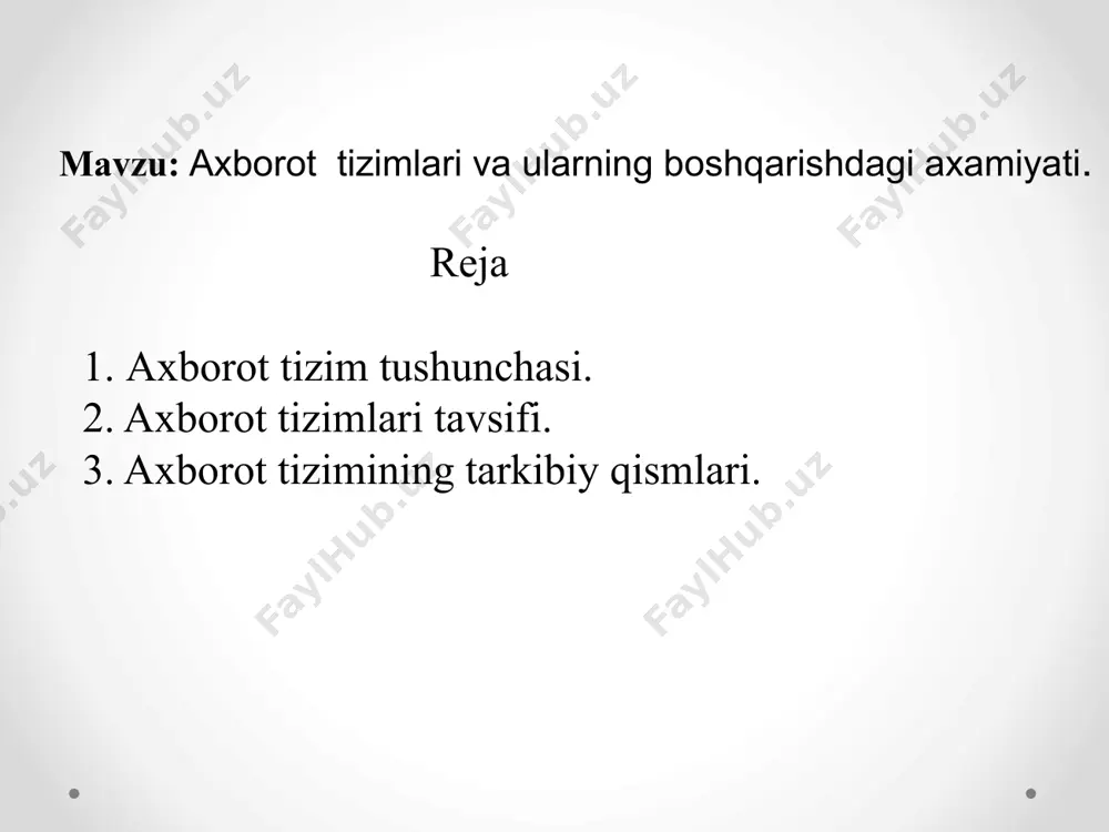 balardan kiritish uchun xizmat qiladi kuritilgan axborotlarni qulay ko‘rinishga keltirish va qayta ishlash uchun xizmat qiladi mijozlarga va boshqa tizimlarga axborotni yetkazib berish uchun xizmat qiladi. kiritilgan axborotlarni qayta ishlash uchun jamiyat a’zolari tomonidan kiritiladigan ma’lumotlar axborot tizimlari tuzilmasi axborot tizimi quyi tizimlar deb nom olgan qismlar to’plamidan tashkil topgan. quyi tizim - biror alomatiga qarab bo’lingan tizimning bir qismidir. tasnifda tuzilma belgisiga asosan quyi tizimlar ta’minlovchi deb nomlanadi. shuning uchun hamma axborot tizimlarining tuzilmasi ta’minlovchi quyi tizimlar to’plamidan iborat bo’ladi. ta’minlovchi quyi tizim axborot ta’minot texnik ta’minot dasturiy ta’minot tashkiliy ta’minot xuquqiy ta’minot matemaatik ta’minot axborot ta’minoti axborot ta’minotiga boshqaruv qarorlarini qabul qilish uchun aniq axborotni o’z vaqtida tayyorlash va taqdim etish vazifalari belgilanadi. axborot ta’minoti - axborotni tasniflash va shartli belgilash tizimi, hujjatlarni umumlashtirish (unifikatsiyalash) tizimi, axborot oqimlari sxemasi hamda ma’lumotlar bazasini tuzish uslubiyotlarining to’plamidir. axborot ta’minotini tuzish uchun quyidagilarni bilish kerak: muassasa boshqaruv tizimining maqsadini, vazifalarini, yaqqol …