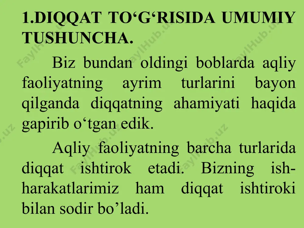 bilan idrok qilamiz (qaraymiz, eshitamiz), diqqat bilan esda olib qolamiz, o‘ylaymiz, diqqat bilan muhokama yuritamiz, gaplashamiz. diqqat aqliy jarayonlarning sifatini ta’minlaydigan ichki faollikdir. diqqat har qanday faoliyatning zaruriy shartidir. mana shu hol fransuz olimlaridan kyuveni o'z zamonasida geniallikni chidamli diqqat deb ta’riflashga undagan edi. masalan, u nyutonning genialligi diqqatining kuchi va barqarorligidadir, deb ko'rsatadi. nyuton «siz butun dunyo tortilish qonunini ochishga nima tufayli muyassar bo'ldingiz» deb berilgan savolga: «fikri-zikrim doimo shu masalaga qaratilganligidan muyassar bo'ldim», deb javob bergan. albatta, diqqatga bunday baho berish uning ahamiyatini haddan tashqari oshirib ko‘rsatishdir. lekin bu baho diqqatning inson faoliyatining barcha turlari uchun ahamiyati katta ekanligini ko'rsatib beradi. darhaqiqat, o‘tin yorish, yer chopish kabi eng oddiy ishlarni ham, mashinalar bilan ishlash, ilmiy tekshirishlar olib borish kabi eng murakkab ishlarni esa diqqatning ishtirokisiz bajarib bo'lmaydi. diqqat o'qish ishining ham zaruriy shartidir. o'quvchilarning dars materiallarini muvaffaqiyat bilan o'zlashtirishlari, dastavval diqqatning mavjud bo'lishiga bogliqdir. k.d.ushinskiyning aytishicha: «diqqat ruhiy …