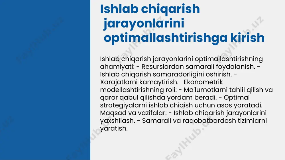 adi. kelajakdagi tadqiqot yo'nalishlari sifatida aktsiyadorlarni jalb qilish, global iqtisodiy o'zgarishlarga moslashish va barqaror rivojlanish strategiyalarini ishlab chiqish ko'zda tutilmoqda. ekonometrik modellashtirishga kirish ekonometrik modellashtirish, statistik usullar va iqtisodiy nazariyalarni birlashtirib, iqtisodiy jarayonlarni tahlil qilish va bashorat qilish uchun qo'llaniladi. bu jarayon ishlab chiqarish tizimlarida muhim ahamiyatga ega, chunki u resurslarni optimallashtirishga yordam beradi. ekonometrik modellarning asosiy afzalliklari: 1. qaror qabul qilish jarayonlarini yaxshilash. 2. ma'lumotlarga asoslangan tahlil qilish imkoniyati. 3. iqtisodiy jarayonlarni aniq bashorat qilish. 4. resurslarni samarali taqsimlashni ta'minlash. 5. muammolarni aniqlash va yechimlar taklif qilishda yordam berish. shu sababli, iqtisodiy tadqiqotlar va ishlab chiqarish strategiyalarini shakllantirishda econometrik modellar muhim vosita sifatida xizmat qiladi. ekonometrik modellar turlari chiziqli modellar - bu o'zgaruvchilar o'rtasidagi chiziqli bog'liqlikni ifodalovchi modellar bo'lib, ular oddiy regressiya tahlilida qo'llaniladi. ushbu modellar, masalan, iqtisodiy ko'rsatkichlar o'rtasidagi o'zaro ta'sirlarni tahlil qilishda keng qo'llaniladi. chiziqsiz modellar - o'zgaruvchilar o'rtasidagi murakkab bog'liqliklarni ko'rsatish uchun ishlatiladi. ular ko'pincha o'zgaruvchanlar …