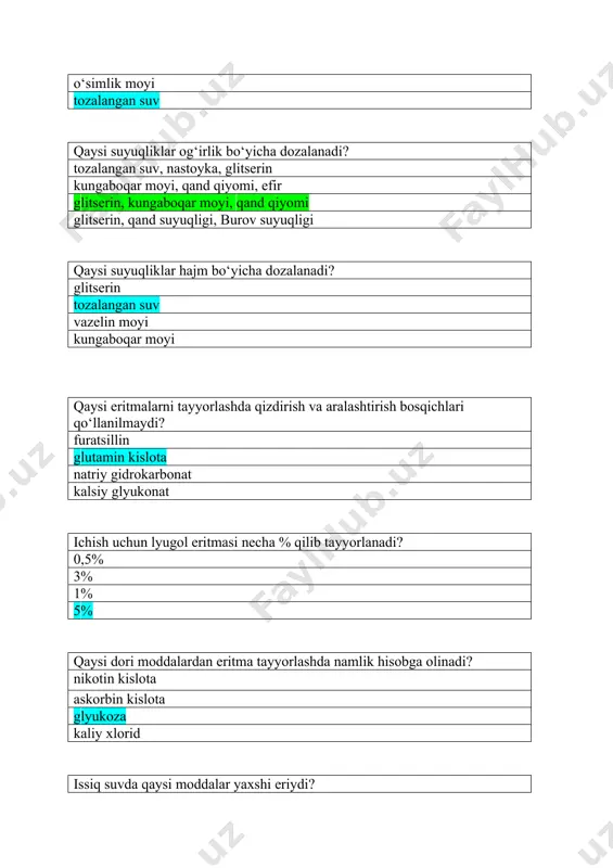 aqtlarda; agar retseptda surtma dorilarni konsentratsiyasi ko’rsatilmagan bo’lsa, u holda necha foizli qilib tayyorlab beriladi? 1 %; 15 %; 10 %; 20 %; kolloid eritmalar qaysi sistemaga kiradi? chin; gomogen; mikrogeteregen; geterogen; kolloid eritmalarni dorixona sharoitida uzoq muddatga tayyolash mumkinmi? 5 kun; 10 kun; ex tempore; 30 kun; protargol o’zining tarkibida necha foiz kumush saqlaydi? 70 %; 77 - 83 %; 7,7 - 8,3 %; 50 %; to’g’ri texnologiyasini tanlab oling? oling: ixtiol eritmasidan 5 % - 150,0 b.b. farfor chashkada 7,5 g ixtiol tortib olinadi va oz ozdan 150 ml suv solinadi; flakonga 7,5 g ixtiol tortib olinadi va 150 ml tozalangan suv o’lchab solinadi, flakonni issiq suv hammomida qizdiriladi; 7,5 g ixtiol oz qism suv (5 ml) bilan eziladi va erituvchining qolgan qismi qo’shiladi; flakonga 7,5 g ixtiol tortib olinadi va flakonni issiq suv hammomida qizdiriladi; quyidagi tarkib bo’yicha protargol eritmasini to’g’ri tayyorlash texnologiyasini tanlab oligng? oling: protargol …
