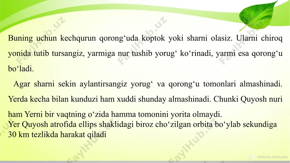 taqsimlanmaydi (nega?). ekvatorning ikki yonida shimoliy va janubiy tropiklargacha bo‘lgan joylarga eng ko‘p issiqlik va yorug‘lik keladi. bu yerlarda quyosh ufqdan baland ko‘tarilib, yil bo‘yi quruqlik va okeanlarni qattiq isitadi. bu joylar yerning issiq (tropik) mintaqasidir. tropik chiziqlar bilan qutbiy doiralar oralig‘i quyoshdan kamroq yorug‘lik va issiqlik oladi. bu yerlar mo‘tadil (o‘rtacha) mintaqalardir. qutbiy doiralardan qutblargacha bo‘lgan joylarga quyoshdan yanada kam yorug‘lik va issiqlik yetib keladi. bu yerlar qutbiy (sovuq) mintaqalar deb ataladi. yil fasllari – bahor, yoz, kuz, qish. yil fasllarining almashinishi yer aylanish oʻqining orbita (yerning quyosh atrofida aylanish yoʻli) tekisligiga nisbatan ogʻishganligi (66°33’) sabab boʻladi. yer quyosh tevaragida aylanganda yer oʻqining yoʻnalishi oʻzgarmaydi. shu sababli yer quyosh atrofida aylanar ekan bir shimoliy qutb, bir janubiy qutb quyoshga qarab qoladi. shimoliy qutb quyoshga roʻpara boʻlganda shimoliy yarim shar koʻproq isiydi, janubiy qutb quyoshga roʻpara kelganda esa janubiy yarim shar koʻproq isiydi. shundan yil fasllari almashinadi. shimoliy yarim sharda …