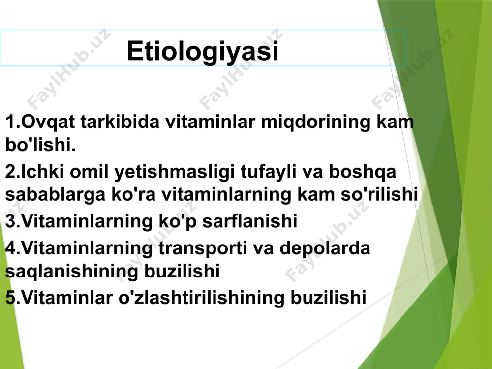 ednizolon, prednizon) buyuriladi. ichishga yoki parenteral yo’ bilan folat kislota kuniga 50-60 mg dan vi-tamin v12 bilan birga tayinlansa, maqsadga muvrfiq bo’ladi. pernisioz anemiya gipoxrom anemiyaga o’tganda (davolash munosabati bilan) kuniga 3-4 g dan temir preparatlari buyuriladi. zarur bo’ganda pernisioz anemiyali bemorlarga qon yoki eritrositar massa quyiladi. profilaktikasi. me'da-ichak va boshqa kasalliklar, xastalik qaytalanishining oldini olish hamda etarli va to’la qimmatli ovqatlardan iboratdir. image1.jpeg image2.jpeg image3.jpeg image4.jpeg image5.jpeg