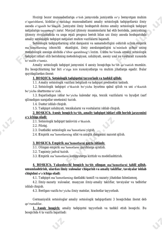 layotgan bilimlar hamda amaliy andozalar doirasidan qoniqmaslik, bu bilimlar chegarasini kengaytirish demakdir.zero, muayyan tadqiqotlar boshlangunga qadar ma’qul bo‘lgan bilimlar doirasida hamisha ham ijtimoiy muammoli vaziyat hal etilavermaydi.odatda ijtimoiy muammo amaliy vositalar bilan hal etilmagan holatda ilmga, tadqiqot o‘tkazishga murojaat qilinadi. bu murojaat ilmda ijtimoiy buyurtma deb ataladi.shu tariqa sotsiologning tashabbusi bilan amalga oshirilishi mumkin. ammo sotsiologning shaxsiy tashabbusi ham real hayot muammolari asosida paydo bo‘lmog‘i lozim. empirik sotsiologik tadqiqot nima? sotsiologiya fanini empirik sotsiologik tadqiqot jarayonisiz tasavvur qilib bo‘lmaydi. empirik so‘zi qadimiy yunoncha bo‘lib, tajriba ma’nosini anglatadi. empirik sotsiologik tadqiqot deganda, yangi dastur va uslubiyat bilan amaliy asosda ijtimoiy hayot hodisa va jarayonlar to‘g‘risida olingan empirik ma’lumotlarni tahlil qilish, umumlashtirish asosida zarur amaliy takliflar, tavsiyalar ishlab chiqishdan iborat. empirik sotsiologik tadqiqotda ijtimoiy faktlarni izlash, tasnif qilish, to‘plash muhim ahamiyatga ega. ijtimoiy fakt deganda, ilmiy asoslangan, muayyan vaqt davomida real ijtimoiy voqelikning alohida jihatlarini tasnif qilish orqali olingan ma’lumotlarga aytiladi. hozirgi …