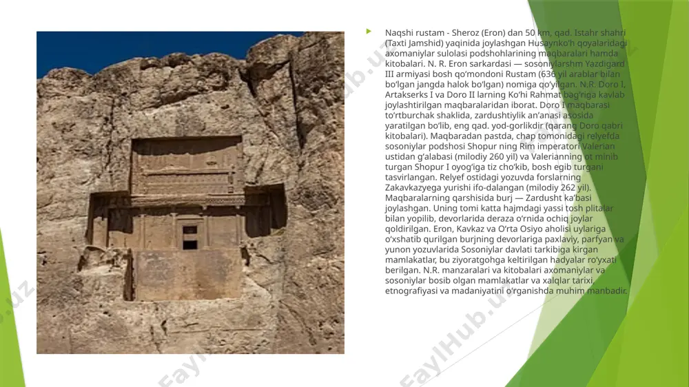 ‘risida qisqa bo‘lsada, juda aniq ma’lumotlar beruvchi gerodotning “tarix” kitobi qismlari ayniqsa qimmatlidir. qadimgi davrlardan boshlab bu kitob dunyoda eng mashhur tarixiy asarlaridan biri bo‘lib hisoblangan. uning muallifi gerodot “tarixning otasi” deb nom olgan. gerodot miloddan avvalgi 484 yilda kichik osiyodagi galikarnass shahrida tug‘ilgan (miloddan avvalgi 431 − 425 yillar o‘rtasida vafot etgan). u 10 yil davomida (miloddan avvalgi 455 − 445 yillar) liviya, misr, ossuriya, bobil, ekbatonga sayohat qilib, qadimgi sharq tarixi haqida ko‘pdan-ko‘p ma’lumotlar to‘plagan. misr fir’avnlarining maqbaralari, bobil mudofaa devorlari va muqaddas minoralari, qora dengiz shimoliy sohilidagi skif mozor-qo‘rg‘onlari gerodotni zavqlantirib, uning qadimgi sharq tarixi va madaniyatiga ma’lum bo‘lgan qiziqishlarining g‘oyat kuchayishiga asos solgan. "syan xan shu" - yirik tarixchi olim byan gu (39-92) tomonidan yozilgan bo'lib, bu asar "syan xan shu" ("avvalgi xan sulolasining tarixi") ataladi. tarixchi anlin (shensi viloyati) shahrida g'arbiy xan sulolasi (miloddan avvalgi 206 — milodning 220-y.) xizmatida turgan yirik mansabdor va tarixshunos …
