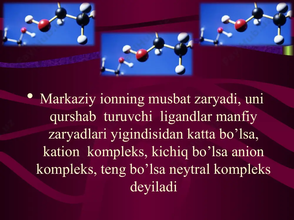’zgaruvchan valentli metallarning tuzlari bo’lsa: fe(no3)2 - temir (ii) nitrat; fe2 (so4)2 – temir (iii) sulfat. texnikaviy nomi bilan: naci - osh tuzi; na2co3 – sodda, k2co3 – potash; kno3 – kaliyli selitra. 2.nordon tuzlar. kislota tarkibidagi h2 atomlarining bir qismi metallga almashinganda hosil bo’lgan tuz nordon (gidro) tuz deyiladi. nomlanishi. nahso4 – natriy bisulfat (yoki natriy gidrosulfat); nahco3 – natriy bikarbonat (yoki natriy gidrokarbonat); nah2po4 – natriy digidrofasfat; ca(h2po4)2 – kalsiy digidrofasfas;, ai2(hpo4)3 – alyuminiy gidrofosfat nordon tuz suvli eritmaldarida quyidagicha dissosiyalanadi: nahso4↔na++hso4-; hso4- ↔ h+ + so4-2 olinishi: 1. kislotalarga oz miqdorda asos ta’sir etirib: h2so4 + koh = khso4 + h2o 2. normal tuzlarga kislotalar ta’sir etirib: ca3(po4)2 + h3po4 = 3cahpo4 ca3(po4)2 + h3po4 = ca(h2po4)2 3. ishqorlarga kislotali oksidlar mo’l miqdorida ta’sir etirib: ba(oh)2 + 2co2 = ba(hco3)2 4. tuzlar gidrolizga uchraganda: k2co3 + h2o = khco3 + koh 3. gidroksid tuzlar. tarkibida metall atomi …
