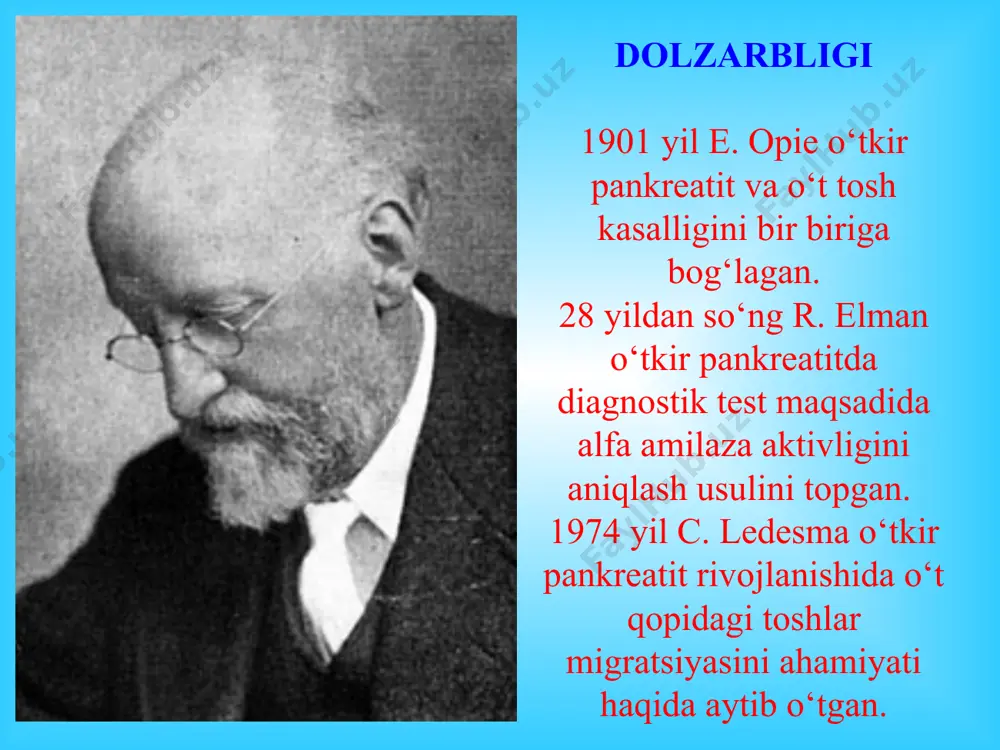 usullar bilan nazorat qilib turish. 4. yiringli asoratlar yuzaga kelganda, mexanik sariq-lik va xolangit belgilari yuzaga kelganda operatsiya. 5. me'da osti bezini minimal darajada jarohatlanishi. utkir pankreatitda konservativ davolash komponentlari i. bazis terapiya: 1. ochlik; 2. qoringa muz xalta kuyish; 3. nazogastral aspiratsiya; 4. novokainli blokada; 5. spazmo- i xolinolitiklarni kullash; 6. infuziya 2-3 litrdan kuprok va forsirlangan diurez. ii. intensiv terapevtik kompleks: a'zolar va tizimlar mikrotsirkulyasisini normallash (reopoliglyukin, refortan, geparin, suloleksid); 2. ekstrakorporal detoksikatsiya (plazmaferez, krioplazmaferez); 3. antifermentlarni kullash; 4. antisekretor terapiya (sitostatik, ribonukleaza, dalargin, oktreotid, sandostatin); 5. suv va ishkorlar urnini koplash, metabolik va oksillar urnini koplash; 6. antigipoksik va antioksidant terapiya; 7. immun buzilishlar korreksiyasi (ronkoleykin, timogen, sikloferon). o‘tkir pankreatitda jarrohlik amaliyotiga ko‘rsatma o‘tkir pankreatit va o‘tkir destruktiv xoletsistit birga qo‘shilib kelganda; 36-48 soat ichida muolaja yordam bermasa; pankreatogen peritonit; o‘tkir pankreatit asoratldarida: charvi xaltasi abssessi, qorin orti sohasi flegmonasi ochik operatsiyalar pankreonekroz nekroektomiya charvi xaltasini drenajlash …