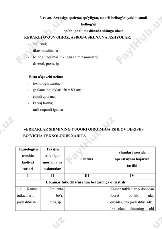 r tutkich qirqimi tenglashtiriladi va uch qator chok bilan shimga biriktirib tikiladi. ii. shim belbog’ini tikish 2.1. belbog’ni ko’klash va biriktirib tikish. nina, ip, maxsus mashina. belbog’ (o’ngi) yuza qismini pastga qaratib, shim yuqori qirqimlari bilan to’g’ri keltirib (ko’klanadi) 1 sm qaviq yirikligida ko’klanadi va biriktirib tikiladi. 2.2. ko’klash iplarini so’kish va dazmollash. qaychi, dazmol. ko’klash iplari qirqib sug’riladi, tozalanadi va yaxshilab belbog’ qismidan boshlab dazmollanadi. 2.3. kamar tutkichlarni dazmollash. dazmol. kamar tutkich belbog’ qismidan 0,3-0,5 sm soliqi hosil qilib, ya’ni kamarni kirish hisobiga chiqarib dazmollanadi. kamar tutkichni ko’tarilgan yuqori qismi belbog’ yuqori qirqimiga 0,3 sm chok haqqi qoldirib biriktirib tikiladi. iii. belboqqa korsaj tasma qo’yib ishlov berish 3.1. korsaj tasma belboqqa ochiq qirqim bo’yicha biriktiriladi. maxsus mashina. belbog’ning butun uzunligi bo’yicha 2 sm kant haqqi hisobiga belgilab chiqiladi. belgilangan chiziq bo’ylab korsaj tasma o’ngi belboqqa qo’yib chetki ziydan 1 sm qoldirib tikiladi. 3.2. belbog’ tasmani biriktirish. maxsus, universal tikuv …