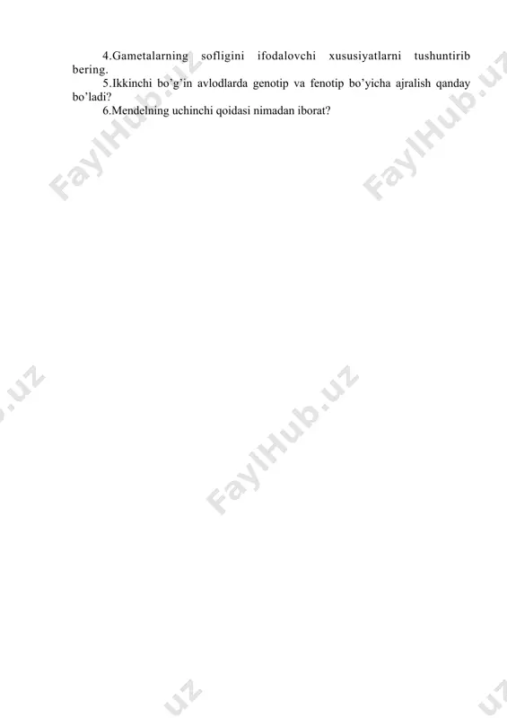 iq: qo’ylarda kora (r-geni), oq rang (g- geni) ustidan, uzun quloqli (d-geni) qisqa quloqlik (d-geni) ustidan, qisqa junlik (s-geni) uzun junlilik (s-geni) ustidan ustunlik qiladi. kora rangli uzun quloqli va qisqa junli qo’chqor bilan ok rangli, qisqa quloqli va uzun junli sovliqlar chatishtirilsa, ulardan olingan f1 va f2 avlodlarning nechtasi qora rangli, uzun quloqli va qisqa junli bo’ladi va nechtasi oq rangli qisqa quloqli va uzun junli bo’ladi. bularning orasida boshqa xildagi kombinasiyalar ham uchraydimi? bularni pennet panjarasi orqali tahlil kiling. birinchi avlod duragaylarini gomozigota holdagi dastlabki ota yoki ona organizmi bilan chatishtirishga takroriy chatishtirish deyiladi. takroriy chatishtirish natijasida olingan avlod fb bilan belgilanadi. demak takroriy chatishtirish aa x aa yoki aa x aa cxemada o’tkaziladi. dominant belgili organizmlar genotipi gomozigota yoki geterozigota ekanligini aniqlashtirish uchun tahliliy chatishtirish olib boriladi. bunda tahlil qilinayotgan organism resessiv belgili –aa bilan chatishtiriladi. nazorat savollari 1.qaysi duragaylash diduragay va poliduragay chatishtirish deiiladi? 2.mendelning uchinchi …