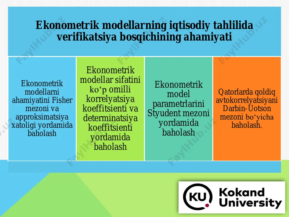 tlari chiziqli bir omilli model qurishda uning ayrim kamchiliklariga e’tiborni qaratmoq lozim. modelni jarayonning bitta omil yordamida, u hatto hal qiluvchi omil bo‘lgan taqdirda ham haqqoniy yoritib berish mumkin emas. shunday qilib, «asosiy» omillar miqdori cheksiz o‘zgarishi mumkin. bunday masalarni hal etish bir omilli modeldan ko‘p omilligacha o‘tishni taqozo etadi. e`tiboringiz uchun rahmat!