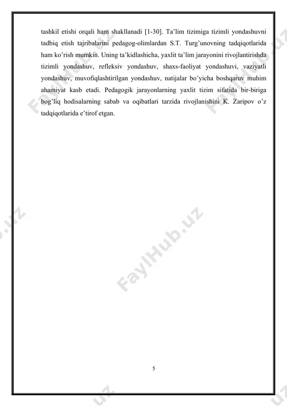 amidir. muhit va tizim o’rtasida cheksiz ko’p o’zaro aloqalar mavjud bo’lib, ular vositasida muhit va tizimning o’zaro ta’sirlashuvi amalga oshadi. tahlillar ko’rsatadiki, pedagogik tadqiqotlarga “tizimli yondashuv” ta’lim jarayonining faqat sonli emas, balki sifat nuqtai nazardan o’sishini aniqlashga imkon beradi. jamiyatning ta’limga nisbatan o’sib borayotgan talabini va fandagi sifat siljishlarni hamda uzluksiz ta’lim tizimining barcha bosqichlaridagi ta’lim mazmuni va usullarini hisobga olgan holda ta’lim jarayonini tashxislash tizimli yondashuv asosida amalga oshirilganda samara beradi. pedagogikada ta’lim jarayoniga tizimli yondashuvning asosiy vazifasi tadqiq etilayotgan ob’ektni namoyish etishning konseptual vositalarini, tizimning tasnifi va pedagogik modeli ko’rinishida ishlab chiqishdan iborat. pedagogikada ta’lim jarayoni tizimlarini ilmiy-uslubiy tadqiq qilish va ulardan jarayonlarni boshqarishda foydalanish ko’pgina muhim muammolarning echimini topish imkonini yaratadi, bular: ( 7 )- rejalashtirilgan ta’lim jarayonini chuqur tahlil qilish; - rejalashtirilayotgan ta’lim jarayonining elementlari va komponentlari, sifat ko’rsatkichlari to’plamini yaratish va ularni sinflarga ajratish; - ko’rsatkichlar orasidagi bog’lanishlarni o’rganish, bog’lanish qonuniyatlarini o’rnatish va ular ichidan …