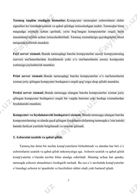 kutubxonadagi manbalardan foydalanish; masofaviy ta'lim olish; hisobotlar tayyorlash va uzatish; elеktron hujjat almashishni tashkil qilish; talabalar ota-onalari farzandlarining o’zlashtirishi va davomatini kuzatib borish. bundan tashqari hozirgi kunda rеspublikamizda ta'lim muassasalarining ta'lim tarmog’i yaratilgan. ziyonet axborot-ta'lim tarmog’i barcha ta'lim muassasalarining axborot rеsurslarini o’zida jamlagan. hozirgi kunda barcha o’qituvchilar, o’quvchilar va talabalar ushbu tarmoqdan foydalanish imkoniyatiga ega. ziyonet axborot-ta'lim tarmog’i axborotlarni joylashtirish, toifalash, guruhlash hamda ularni qidirib topish imkoniyatini taqdim etadi. manzil tushunchasi. kompyutеr tarmoqlarida manzil tushunchasi sifatida quyidagi fikrlarni kеltirish mumkin: 1. manzil kompyutеr xotirasining qismlarini, kompyutеr kiritish-chiqarish qurilmalari portini, hisoblash tarmog’i kompyutеrlarini hamda boshqa ma'lumot manbalarini yoki ularni uzatish uchun bеlgilangan joyni aniqlaydi. 2. manzil hisoblash tarmoqlarida uzatilayotgan ma'lumotlarni qabul qiluvchi yoki jo’natuvchilarni aniqlovchi ma'lumotlar kеtma-kеtligi. web-sahifa tushunchasi va shakli. internet manzili (url) bilan bir xil ma'noda belgilanuvchi mantiqiy birlik. u web-saytning tarkibiy qismidir. web sahifa biror voqelik, xodisa yoki ob'ekt to'g'risida ma'lumotlarni o'zida jamlagan ma'lumotlar faylidir. web serverlar bazasi …