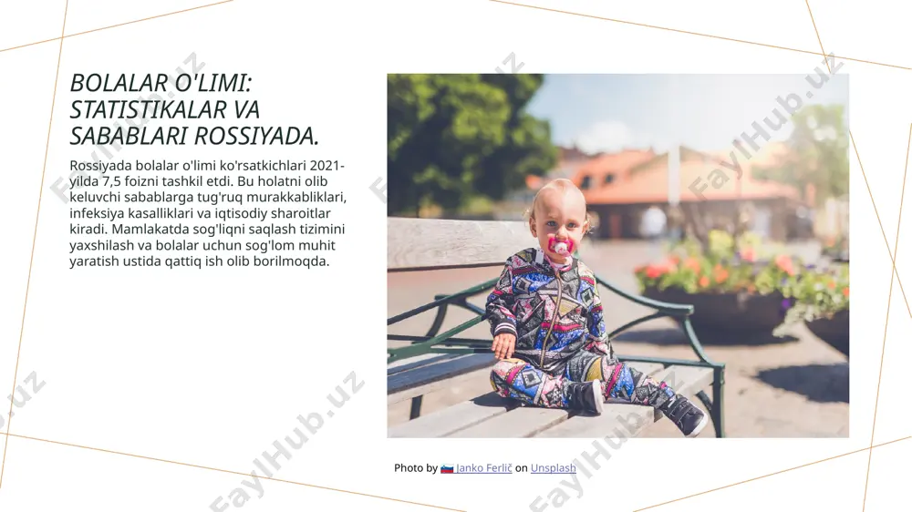 ssiyaning keng maydoni va geografik joylashuvi, uning boy resurslariga yaqinligi, global savdo yo'llarini yaratishda muhim rol o'ynaydi va iqtisodiy aloqalarni kuchaytiradi. 3 global iqtisodiy ta'sir rossiyaning milliy boyliklari va geografik pozitsiyasi, uning global iqtisodiy tizimdagi o'rnini mustahkamlab, xalqaro bozorlar uchun strategik ahamiyatga ega. xulosa rossiya demografiyasi va muammolari rossiyaning demografik ko'rsatkichlari, aholi soni va bolalar o'limi statistikasi ijtimoiy muammolarni ochib beradi, bu esa mamlakatning kelajagini belgilaydi. iqtisodiy ko'rsatkichlar rossiyaning ishsizlik darajasi, yaim va milliy boyliklar iqtisodiy o'sishni ta'minlaydi, ammo bu ko'rsatkichlar o'rtasidagi bog'liqlikni tushunish muhimdir. geografik ahamiyati rossiyaning geografik joylashuvi va tabiiy boyliklari global iqtisodiy pozitsiyasini mustahkamlashda muhim rol o'ynaydi, bu esa strategik ahamiyatga ega. e'tiboringiz uchun rahmat! image1.jpg image2.jpg image3.jpg /docprops/thumbnail.jpeg
