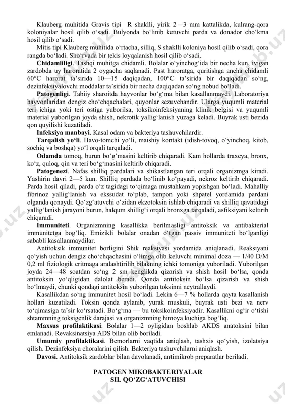 g‘ma+qoqshol vaksina) yuboriladi, keyinchalik revaksinatsiya ishlari olib boriladi. davosi. boshlang‘ich davrlarida immunoglobulin qo‘llaniladi. eritromitsin va ampitsillin ishlatiladi. bo‘g‘ma qo‘zg‘aтuvchisi bo‘g‘ma qo‘zg‘atuvchisi korinebakteriya avlodiga kiradi (coryna — to‘g‘nog‘ich, diрhthera — parda degan ma’noni bildiradi). bu avlodga odamlar uchun patogen va patogen bo‘lmagan qo‘zg‘atuvchilar kiradi, ya’ni soxta bo‘g‘ma qo‘zg‘atuvchisi va defteriodlar. bo‘g‘ma qo‘zg‘atuvchisini 1883-yili т. klebs aniqlagan, sof kulturasini 1884-yili f. lyoffler ajratib olgan. morfologiyasi. тayoqchasimon bakteriyalar bo‘lib, 3—6x0,® ¬3—0; 5 mkm kattalikda, uchlari biroz kengaygan, uchlarida volyutin donasini saqlaydi (babesh—ernst donachasi). harakatsiz, spora va kapsula hosil qilmaydi. gram musbat bo‘lib, volyutin donachalari biroz to‘qroq bo‘yaladi. surtmada ular x yoki v raqamiga o‘xshab joylashadi. soxta bo‘g‘ma qo‘zgatuvchilari alohida joylashib, uchlarida volyutin donachalari bo‘lmaydi yoki ular bir uchida joylashadi. bo‘yashda ishqorli metilenli ko‘k yoki kristall binafsha bo‘yoqlaridan foydalaniladi. kultural xossasi. fakultativ anaerob, ph 7,4—7,8. oziqa muhitiga talabchan, qon, zardobli muhitlarda yaxshi rivojlanadi. xix asr oxirida fransuz olimi e. ru bo‘g‘ma qo‘zg‘atuvchilarini o‘stirish uchun …