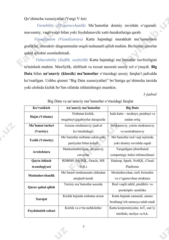 . qayta ishlash ikki asosiy usulda amalga oshiriladi: 1) batch processing – katta hajmdagi ma’lumotlarni partiyalar bilan tahlil qilish (tizimda kechikish mumkin). 2) real-time processing – jonli ravishda tahlil qilish (kam kechikish, doimiy monitoring). ma’lumotlarni tahlil qilish va vizualizatsiya yig‘ilgan va qayta ishlangan ma’lumotlar tahlil qilinib, foydalanuvchi uchun tushunarli ko‘rinishga keltiriladi. analitika vositalari: · tableau, power bi – interaktiv grafikalar va hisobotlar yaratish · python / r – statistik tahlil va mashinaviy o‘rganish · elasticsearch, kibana – log tahlili va vizualizatsiyasi · machine learning kutubxonalari: scikit-learn, tensorflow, pytorch big data infratuzilmasi katta hajmdagi ma’lumotlarni samarali boshqarish uchun kuchli infratuzilma talab etiladi. variantlar: mahalliy serverlar korxona o‘zida joylashgan serverlar. cloud computing (bulutli xizmatlar) elastik, arzonroq va tez o‘lchamda kengaytiriladi, amazon web services (aws), google cloud platform (gcp), microsoft azure. big data texnologiyalari va infratuzilmasi biznes uchun ma’lumotlar ustidan nazoratni kuchaytirish, operatsion samaradorlikni oshirish, va foydali tahliliy qarorlar qabul qilish imkonini beradi. …