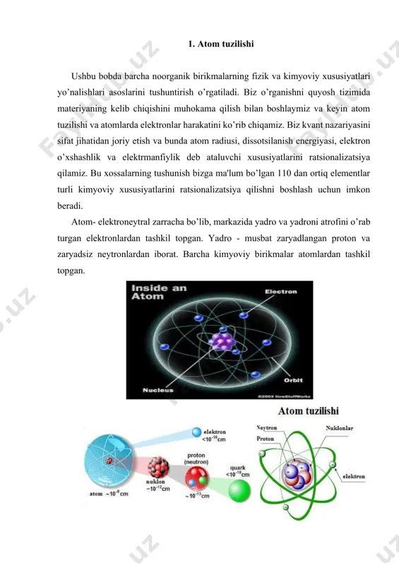 li ion – anion (cl-, o2-, n3 -va b.) hosil bo`ladi. atomdagi elek-tronlar soni va musbat zaryadlangan yadro zaryadi ayni atomning kimyoviy reaksiyadagi ahamiyatini tavsiflaydi. kimyoviy element- bir hil zaryadli yadroga ega bo`lgan atomlar to`plamidir. yadro zaryadi elementning kimyoviy elementlar davriy tizimida joylashgan o`rnini belgilaydi; elementning davriy tizimdagi tartib raqami uning atom yadrosi zaryadiga teng. atom tuzilishini tavsiflash: rezerford usuli. bu usulni rezerford 1911 yili kashf etgan. radioaktiv elementlar parchalanishi natijasida o`zidan α-zarrachalar chiqaradi. bu zarrachalar biror moddaga to`qnashib qarshilikka uchraydi. natijada o`ziga ikkita elektron biriktirib, geliy atomiga aylanadi. hosil bo’lgan geliy miqdorini mikro-usul yordamida aniqlash mumkin. bir gramm radiyning bir yilda parchalanishi natijasida 159 mm3 yoki sekundiga 5,03 nm geliy hosil bo`lishi tajribada aniqlangan. geliy atomi hosil qiladigan α - zarrachalar ko`z bilan kuzatish mumkin bo`lgan energiyaga ega. shuning uchun ma'lum miqdordagi radioaktiv modda chiqargan α - zarrachalarni hisoblash mumkin. masalan: 10 ta α - zarracha chiqaradi. bizga 1 …