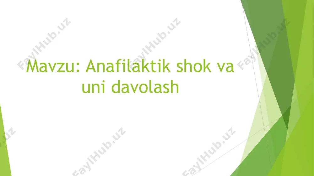 n joyga jgut qo‘yish bemorni yotqizmoq asfiksiyani oldini olish uchun tilni mahkamlang adrenalin yuborish kislorod yetkazib berilishini ta’minlash allergiyaga qarshi vositalarni kiritish tibbiy yordam quyidagilarni o‘z ichiga olishi mumkin: sun’iy nafas olish yurakni yopiq massaj qilish traxeostomiya bronxlar intubatsiyasi xavf og‘ir anafilaktik shok quyidagi asoratlarga olib kelishi mumkin: •o‘tkir nafas yetishmovchiligi •o‘pka shishi •o‘tkir yurak-qon tomir yetishmovchiligi •miya shishi •halokatli oqibat xavf guruhi anafilaktik shok uchun xavf guruhini quyidagilar tashkil qiladi: allergiyasi bor odamlar astma bilan og‘rigan bemorlar anafilaktik shokni boshdan kechirganlar ayollar oldini olish anafilaktik shokning oldini olish uchun bemorlarga quyidagilar tavsiya etiladi: dorilarni individual ko‘tara olishni hisobga olgan holda tanlash. shifokor maslahatisiz bir vaqtning o‘zida bir nechta dorilarni qabul qilmaslik. ratsiondan potensial allergenlarni chiqarib tashlash. gipoallergen parhezga rioya qilish. kafe va restoranlardagi taomlar tarkibini aniqlashtirish. hasharotlar to‘planadigan joylardan (bog‘lar, o‘rmonlar, suv havzalari) qochish va ularni chaqishda ehtiyot choralarini ko‘rish. e‘tiboringiz uchun raxmat! slide 1: tta termiz filiali davolash-2 …