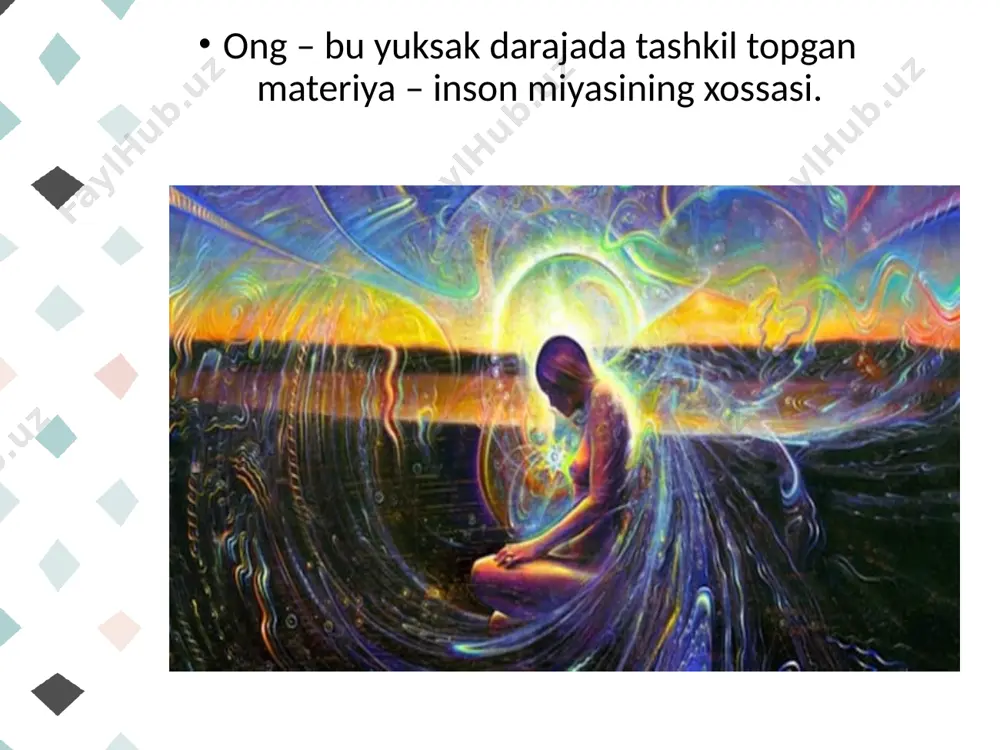 imkon beradigan muhim belgidir. 23 24 фалсафада идрок этиш перцепция (лот.«perception» - идрок этиш) ўзини қуршаган дунёдаги нарсалар ва ҳодисаларни сезгилар орқали идрок этиш апперцепция борлиқни ақл билан англаш, билиш, уларни ғояларда ифодалаш 25 билим – бу ҳақиқатга мос ва асосланган ишончдир ҳақиқийлик (мувофиқлик) шарти – «агар p ҳақиқий бўлса, у ҳолда s p ни билади» ишончлилик (эътиқод, мақбуллик) шарти – «агар s p ни билса, у ҳолда s p га ишонади (унинг мавжудлигига эътиқоди комил бўлади) асослилик шарти «s p ни билади, башарти у ўзининг p га бўлган ишончини асослаб бера олса» гносеологияда билим талқини s - субъект - p - предмет 26 оламни англаш, ўзлаштириш усуллари моддий-техникавий – тирикчилик воситаларини ишлаб чиқариш, меҳнат, амалиёт маънавий (идеал) – субъект ва объектнинг билишга доир муносабатлари улар ўртасидаги кўп сонли муносабатларнинг биридир 27 билиш дунёнинг иккига бўлинишини назарда тутади билиш қобилиятига эга бўлган индивид микрогуруҳ, ижтимоий гуруҳ синф, жамият ҳамдир бу …