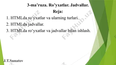html daro‘yxatlar va ularning turlari — PPTX