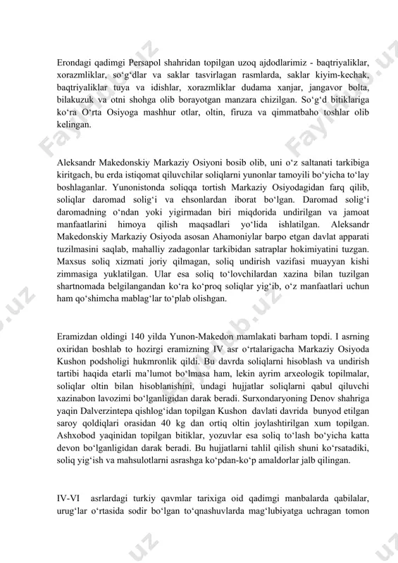 qa xil zo‘ravonlik kabi tahdidlar orqali undirib olinar edi. erondagi qadimgi persapol shahridan topilgan uzoq ajdodlarimiz - baqtriyaliklar, xorazmliklar, so‘g‘dlar va saklar tasvirlagan rasmlarda, saklar kiyim-kechak, baqtriyaliklar tuya va idishlar, xorazmliklar dudama xanjar, jangavor bolta, bilakuzuk va otni shohga olib borayotgan manzara chizilgan. so‘g‘d bitiklariga ko‘ra o‘rta osiyoga mashhur otlar, oltin, firuza va qimmatbaho toshlar olib kelingan. aleksandr makedonskiy markaziy osiyoni bosib olib, uni o‘z saltanati tarkibiga kiritgach, bu erda istiqomat qiluvchilar soliqlarni yunonlar tamoyili bo‘yicha to‘lay boshlaganlar. yunonistonda soliqqa tortish markaziy osiyodagidan farq qilib, soliqlar daromad solig‘i va ehsonlardan iborat bo‘lgan. daromad solig‘i daromadning o‘ndan yoki yigirmadan biri miqdorida undirilgan va jamoat manfaatlarini himoya qilish maqsadlari yo‘lida ishlatilgan. aleksandr makedonskiy markaziy osiyoda asosan ahamoniylar barpo etgan davlat apparati tuzilmasini saqlab, mahalliy zadagonlar tarkibidan satraplar hokimiyatini tuzgan. maxsus soliq xizmati joriy qilmagan, soliq undirish vazifasi muayyan kishi zimmasiga yuklatilgan. ular esa soliq to‘lovchilardan xazina bilan tuzilgan shartnomada belgilangandan ko‘ra ko‘proq …