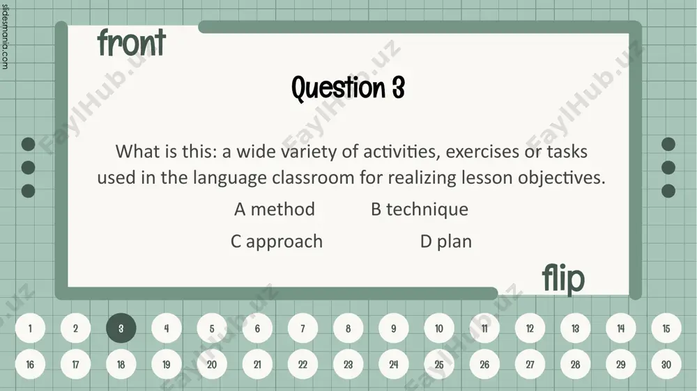 does ttt stand for? a teach test talk b talk teach test c teach talk test d test teach test 25 front flip 1 2 3 4 5 6 7 8 9 10 11 12 13 14 15 16 17 18 19 20 21 22 23 24 25 26 27 28 29 30 question 26 which of the following statements is a disadvantage of ttt? a it allows for positive error and self-correction by students b it is uneconomical of time if the learners are not able to communicate in english c learners take responsibility for their own learning d it creates a collaborative atmosphere as it contains elements of discovery and problem-solving 26 front flip 1 2 3 4 5 6 7 8 9 10 11 12 13 14 15 16 17 18 19 20 21 22 23 24 25 26 27 28 29 30 question 27 the first …