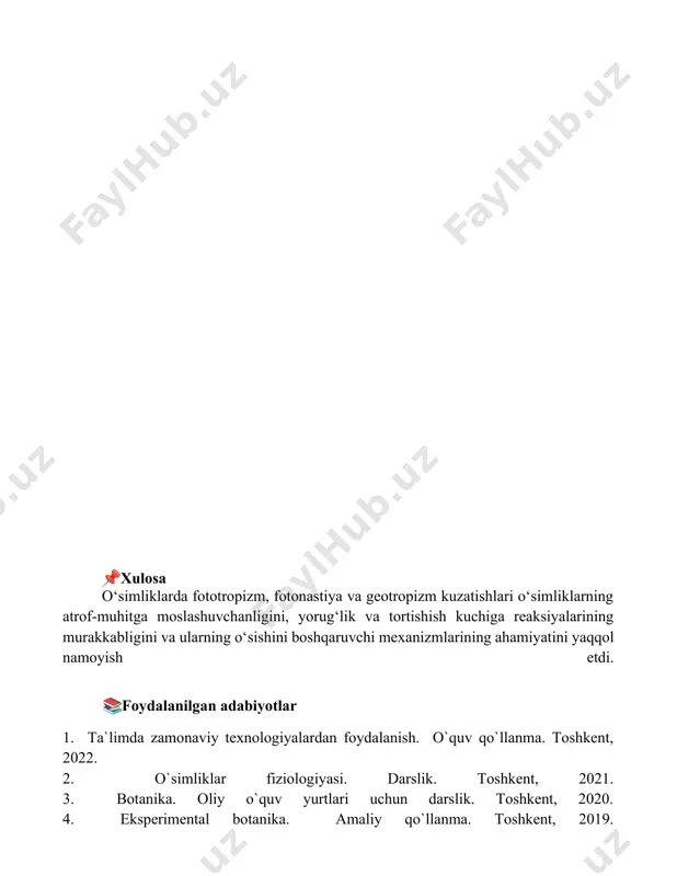 lik. toshkent, 2021. 3. botanika. oliy o`quv yurtlari uchun darslik. toshkent, 2020. 4. eksperimental botanika. amaliy qo`llanma. toshkent, 2019. 5. o`simliklarning o`sishi va rivojlanishi. monografiya. toshkent, 2018. 6