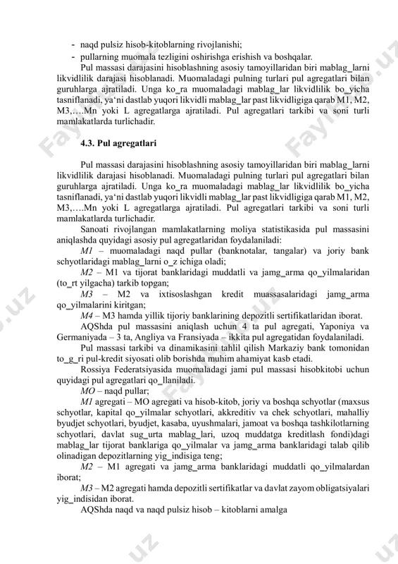 aktiv qismi e‘tiborga olinadi; likvidli yondashuv - bunda pullar eng yuqori likvidli aktiv sifatida tan olinadi. aktivlarning likvidliligi deganda tez pulga aylana olish qobiliyati tushuniladi. likvidli yondashuvga ko‗ra nafaqat aktiv pullar balki passiv pullar ham pul massasining tarkibiga kiritiladi. pullarga bo‗lgan talab nazariyalari ichida j.keynsning likvidlikka ixlos qo‗yish nazariyasi muhim o‗rin egallaydi. ushbu nazariyaga ko‗ra pullarga bo‗lgan talabni 3 ta omil belgilaydi: transaksion omil - tovarlar xomashyo va materiallar sotib olish uchun, ish haqi to‗lash uchun kompaniyalarga pul kerak. aholi ma‘lum turdagi tovarlarni xarid qilish uchun, xizmatlar haqini to‗lash uchun pul kerak. shu sababli ular daromadlarining ma‘lum qismini pul shaklida saqlaydilar; extiyotkorlik omili - aholi ham kompaniyalar ham kelgusida yuz berishi mumkin bo‗lgan, ko‗zda tutilmagan holatlardan himoyalanish maqsadida pul jamg‗aradilar; spekulyativ (chayqovchilik) omili - aholi va kompaniyalar pul mablag‗larini kelgusida daromad olish maqsadida aktivlar sotib olish uchun saqlaydi. muomaladagi pul massasining hajmi markaziy bankning monetar siyosati asosida tartibga solinadi, bu …