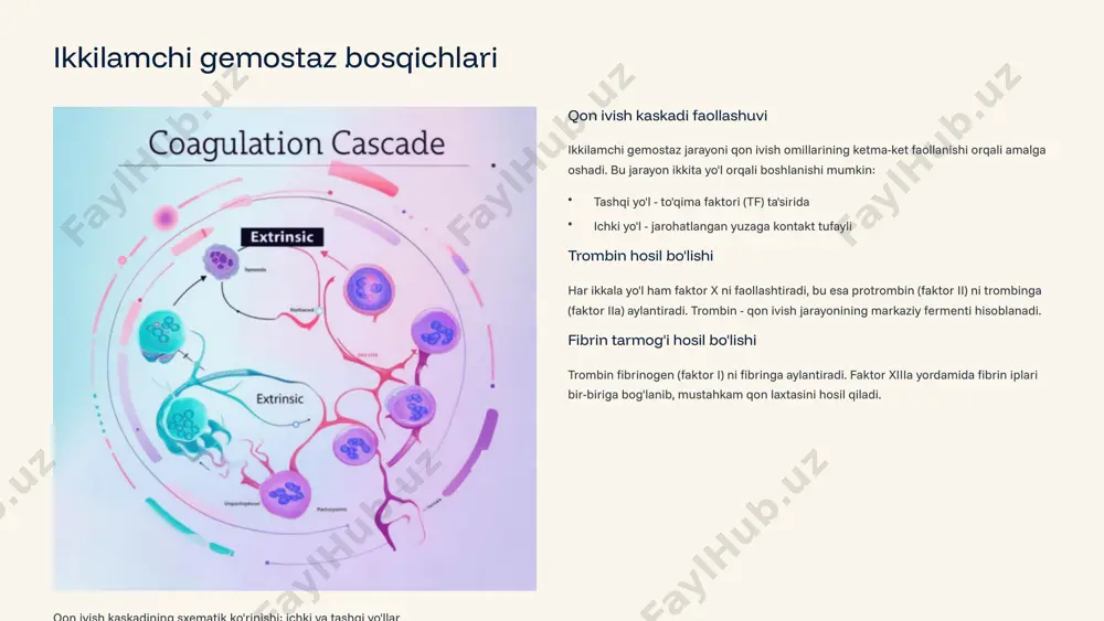 rayonlar bo'lib, qon yo'qotilishining oldini olish va to'qimalarni tozalash vazifasini bajaradi. ularning o'zaro muvozanati sog'lom holatni ta'minlaydi. diagnostik ahamiyati gemostaz va fibrinoliz buzilishlarini aniqlash qator kasalliklarni diagnostika qilish va nazorat qilishda muhim o'rin tutadi: tromboz va tromboemboliya qon ketishi bilan bog'liq patologiyalar dic sindrom (tarqalgan tomirlar ichida qon ivishi) jigar va buyrak kasalliklari amaliy ko'nikmalar ushbu laboratoriya mashg'uloti talabalarga quyidagi ko'nikmalarni beradi: gemostaz va fibrinoliz jarayonlarini amalda kuzatish qon ivish testlarini o'tkazish va natijalani to'g'ri talqin qilish laboratoriya ma'lumotlari asosida klinik xulosalar chiqarish klinik sharoitda ushbu bilimlarni qo'llash e'tiboringiz uchun rahmat image1.png image2.png image3.png image4.png image5.png image6.png image7.png image8.png image9.png image10.png image11.png image12.png image13.png image14.png image15.png image16.png image17.png image18.png