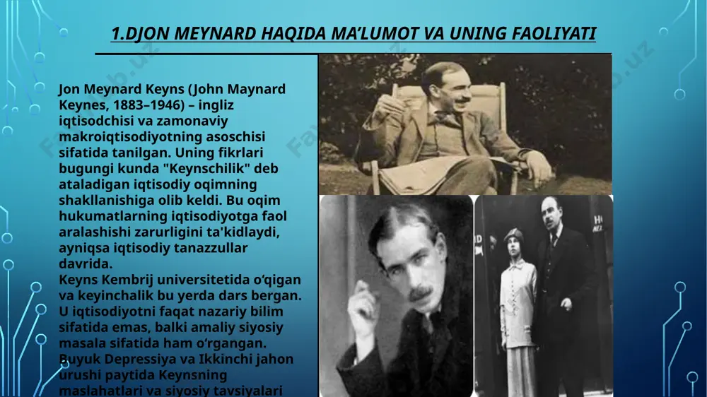 . shu bilan birga, uni tanqid qiluvchilar ham bor, ayniqsa bozorlarga haddan tashqari davlat aralashuvi tarafdori ekanligini tanqid qiluvchilar tomonidan. keynsning iqtisodiy fikrlari bugungi kunda ham katta ahamiyatga ega. uning g‘oyalari buyuk depressiya davrida iqtisodiyotni tiklashda katta yordam bergan va ko‘plab davlatlarning iqtisodiy siyosatiga asos bo‘lgan. u iqtisodiy tanazzullarda davlat aralashuvining muhimligini ko‘rsatib berdi. keynsning yondashuvlari keynesianizm nomi bilan mashhur bo‘lib, bu nazariya davlatning iqtisodiyotdagi faol ishtirokini qo‘llab-quvvatlaydi. shuningdek, keyns xalqaro iqtisodiy tizimning shakllanishiga, jumladan, xalqaro valyuta jamg‘armasi (imf) va jahon banki kabi muhim institutlarning tashkil etilishiga hissa qo‘shgan xulosa jon meynard keynsning iqtisodiy fikrlari iqtisodiy tarixda inqilobiy o‘zgarishlarni olib keldi. u iqtisodiyotda davlatning faol rolini isbotladi va iqtisodiy inqiroz davrida hukumatlar uchun samarali vositalarni taklif qildi. uning "ishlash, foiz va pulning umumiy nazariyasi" asari hali ham o‘z ahamiyatini yo‘qotmagan bo‘lib, zamonaviy iqtisodiy muammolarni hal qilishda qo‘llanilib kelmoqda. keynsning merosi bugungi kunda iqtisodiyot nazariyalari va siyosatlarining asosi bo‘lib qolmoqda va …
