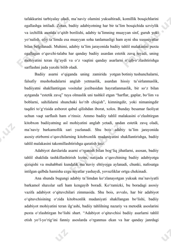 ngdir taqdiri to‘g‘risida axborot qabul qilishdan iborat, xolos. bunday besamar faoliyat uchun vaqt sarflash ham o‘rinsiz. ammo badiiy tahlil malakasini o‘zlashtirgan kitobxon badiiyatning asl mohiyatini anglab yetadi, undan estetik zavq oladi, ma’naviy barkamollik sari yuzlanadi. shu bois adabiy ta’lim jarayonida asosiy etirborni o‘quvchilarning kitobxonlik madaniyatini shakllantirishga, badiiy tahlil malakasini takomillashtirishga qaratish joiz. adabiyot darslarida asarni o‘rganish bilan bog‘liq jihatlarni, asosan, badiiy tahlil shaklida tashkillashtirish lozim, natijada o‘quvchining badiiy adabiyotga qiziqishi va muhabbati kundalik ma’naviy ehtiyojga aylanadi, chunki, nafosatga intilgan qalbda hamisha ezgu niyatlar yashaydi, yovuzliklar ortga chekinadi. ana shunda bugungi adabiy ta’limdan ko‘zlanayotgan yuksak ma’naviyatli barkamol shaxslar safi ham kengayib boradi. ko‘ramizki, bu boradagi asosiy vazifa adabiyot o‘qituvchilari zimmasida. shu bois, avvalo, har bir adabiyot o‘qituvchisining o‘zida kitobxonlik madaniyati shakllangan bo‘lishi, badiiy adabiyot mohiyatini teran ilg‘ashi, badiiy tahlilning nazariy va metodik asoslarini puxta o‘zlashtirgan bo‘lishi shart. “adabiyot o‘qituvchisi badiiy asarlarni tahlil etish yo‘l-yo‘rig‘ini fanniy asoslarda o‘rganmas ekan va har qanday …
