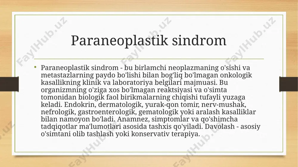 matik kasalliklarda, surunkali nonspesifik o'pka kasalliklarida, yurak kasalliklarida, endokrin kasalliklarda, parenximal organlarning shikastlanishida aniqlanadi. har qanday organlar va tizimlarni jalb qilish imkoniyati, shuningdek, paraneoplastik sindromlarning klinik ko'rinishlarining xilma-xilligi yagona tasnifni yaratishni qiyinlashtiradi. paraneoplastik sindromlarning turlari gastrointestinal paraneoplastik sindromlar (ishtahani yo'qotish, vazn yo'qotish) onkologik kasalliklarda eng ko'p uchraydigan sindromlardir. malign jarayonning ma'lum bosqichlarida deyarli barcha bemorlarda aniqlanadi. paraneoplastik sindromning asosiy ko'rinishlari - ishtahaning yo'qolishi, ta'mning o'zgarishi va ma'lum oziq-ovqat ta'mi va hidlaridan nafratlanishning paydo bo'lishi. tashxis qo'yilgandan so'ng, mahalliy simptomlarning kuchayishi va kimyoterapiya boshlanganidan so'ng, oshqozon-ichak kasalliklari depressiya, ko'ngil aynishi va qusish qo'rquvi, ichak tutilishi va boshqa holatlar tufayli kuchayishi mumkin. ko'pgina saraton kasalliklarida gematogen paraneoplastik sindromlar aniqlanadi. ushbu paraneoplastik sindromning eng keng tarqalgan turi o'rtacha yoki engil normokromik anemiya hisoblanadi. periferik qonni tahlil qilishda asosiy kasallikning boshqa belgilari ko'pincha topiladi: esrning ko'payishi, leykotsitoz va leykotsitlar formulasining chapga siljishi. b hujayrali limfoid neoplazmalar bilan paraneoplastik sindrom otoimmün gemolitik anemiya, melanoma va …
