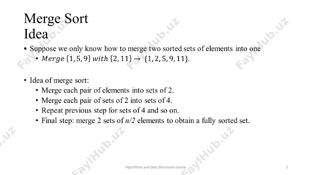 he remained part of second array to our merged array algorithms and data structures course 13 2 4 5 3 7 8 2 3 4 5 7 8 merge sort merge example first array has ended, so simply add the remained part of second array to our merged array algorithms and data structures course 14 2 4 5 3 7 8 2 3 4 5 7 8 merge sort merge example arrays merged algorithms and data structures course 15 merge sort merge implementation algorithms and data structures course 16 n n/2 n/2 n/4 n/4 n/4 n/4 1 1 1 1 level 0: mergesort n items level 1: mergesort n/2 items level 2: mergesort n/4 items level (lg n): mergesort 1 item … merge sort analysis algorithms and data structures course 17 merge sort analysis algorithms and data structures course 18 pros: the performance is guaranteed, i.e. unaffected by original ordering …