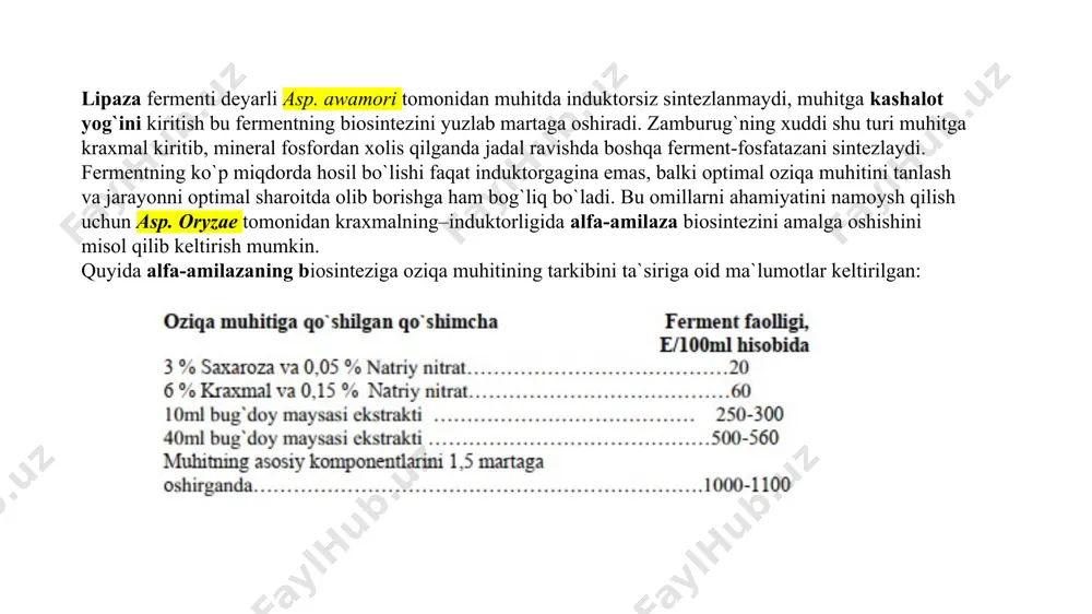 tlaming katalitik ta’sirida qo‘llaniladigan biotexnologik jarayonlar yaratishdan iborat. fermentlar injeneriyasi o‘z oldiga quyidagi maqsadilami qo‘yadi: fermentlaming tabiiy obyektlardan ajratish. fermentlaming barqaroriigini immobillash usuli yordamida oshirish. fermentlami texnologik jarayonlarga moslash. fermentlar yordamida biologik faol moddalar olish. tarkibida fermentlar bo‘igan biomoslamalar va biojarayonlar yaratish. fermenlar injeneriyasi nima uchun kerak va qayerda, qanday maqsadda qo‘llanilishi mumkin, degan savol bilan boshlanadi. hozirgi zamon fermenlar injeneriyasining asosida ferment yoki ferment tizimlarini immobillash ishlari yotadi. ammo bu masalani hal qilishdan oldin fermentlar tabiati haqida to‘xtalib o‘tamiz fermentlar ahamiyati. fermentlarning biologiya va tibbiyotdagi o‘rni fermentlar nomlanganda substratlarning oxiriga – aza suffiksi qo‘shiladi (dyuklo taklifi bo‘yicha, 1883-y). masalan: arginaza argininning gidrolizini katalizlaydi, saxaraza - saxarozaning, fosfataza – fosfo – efir bog‘lari va boshqalar. boshqa usul — katalizlanuvchi reaksiya nomiga – aza suffiksi qo‘shiladi. masalan: degidrogenaza vodorodning ajralib chiqish reaksiyasini, gidrolaza – gidroliz reaksiyasini, transferaza – kimyoviy guruhlarni o‘tkazish reaksiyalarini katalizlaydi. yuqorida keltirilganlarga qaramasdan ba’zi fermentlar o‘zlarining travial nomlarini …