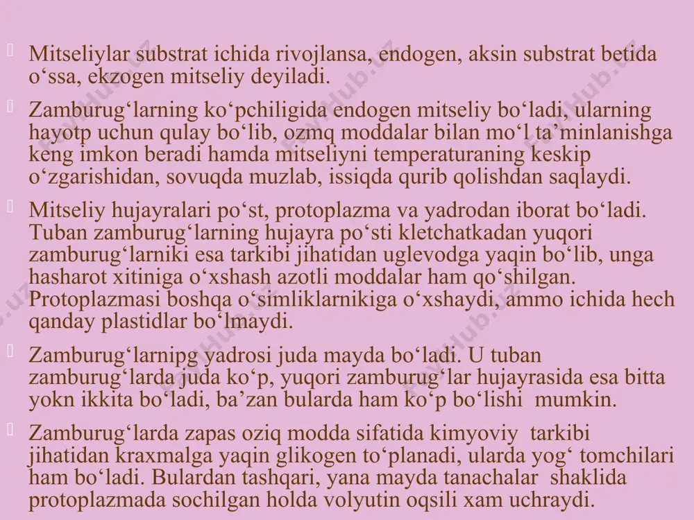 itseliyda kichik bo`rtmachalar - meva tanachalar hosil bo`ladi. bahorda yer yuziga ko`tarilib chiqadi. meva tana 2 qismdan iborat: qalpoqcha va oyoqcha. qalpoqchali zamburug`lar 1.mevatana. 2.qalpoqcha. 3. oyoqcha. 4. vegetativ tana. qalpoqchali zamburug`- qo`zidumba va qo`ziqorin qo`zidumba - qalpoqchasi ostida vertikal osilib turuvchi plastinkalar bor. shu plastinkalarda sporalar yetiladi. qo`ziqorin – qalpoqchasida naychalar bo`lib, shu naychalarda sporalar yetiladi. qo`zidumba plastinkali, qo`ziqorin naychali zamburug` deyiladi. zamburug’larning kelib chiqishi to’g’risida mikologlar o’rtasida 2 xil gipoteza mavjud polifiletik har xil manbadan kelib chiqqan xivchinlilar + suvo`tlar monofiletik yagona manbadan kelib chiqqan xivchinlilar zamburug`lar oziq- ovqat sifatida qalpoqchali zambrug`lardan qo`zidumba, qo`ziqorin, o`q qayin zamburg`i, gruzd kabilar o`ziq ovqat sifatida iste`mol qilinadi. qo`zidumba zamburig`i issiqxonalarda ham yetishtiriladi. qalpoqchali zamburug`lar rasida zaharli turlari ham bor. oziq ovqat sanoatida achtqlardan non mahsulotlari, spirt, pivo, qimiz tayyorlasda foydalaniladi. mog`or zamburug`laridan esa pishloq tayyorlashda (rokfor, kamamber sortlari), vino (xeres) tayyorlashda foydalaniladi. zamburug`ning tibbiyotdagi o`rni zamburug`lardan tayyorlanadigan dori vositalari tibbiyotda qo`llaniladi. …