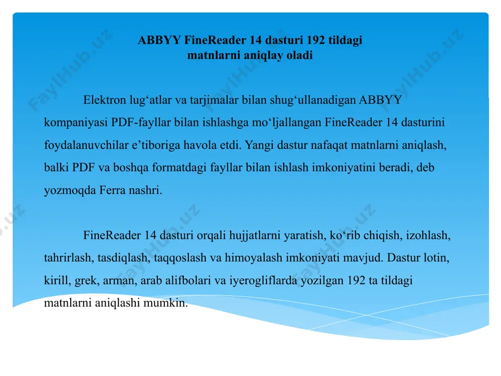 n ishlash abbyy finereader yordamida hujjatlarni qayta ishlash to'rt bosqichdan iborat: • rasmni olish; • hujjatni tan olish; • qabul qilingan matnni tekshirish va tahrirlash; • tanib olish natijalarini saqlash. ko'pincha bu jarayon bir xil harakatlar ketma-ketligidan iborat, masalan, skanerlash, tanib olish va ma'lum bir formatda tan olingan matnni saqlash. eng keng tarqalgan vazifalarni bajarish uchun dastur o'rnatilgan vazifalarni taqdim etadi, abbyy finereader bilan ishlash bir tugmani bosish orqali tan olingan matnni olish imkonini beradi. murakkab tuzilishga ega hujjatlarni tanib olish uchun siz qayta ishlashning har bir bosqichini sozlashingiz va ishga tushirishingiz mumkin o'z-o'zidan. o'rnatilgan vazifalar o'rnatilgan vazifalar sukut bo'yicha qachon ochiladigan vazifalar oynasidan ishga tushiriladi dastur boshlanishi. agar oyna yopiq bo'lsa, dasturning asosiy asboblar panelidagi tugmani bosing. mavzu:9. abbyy dasturi. reja: 1. abbyy dasturi yaratilish tarixi. 2. abbyy dasturi funksiyalari. 3. abbyy dasturi funksiyalari avzaliklari va ishga tushirish. image2.png image3.png image4.png image5.png image6.png image7.png /docprops/thumbnail.jpeg