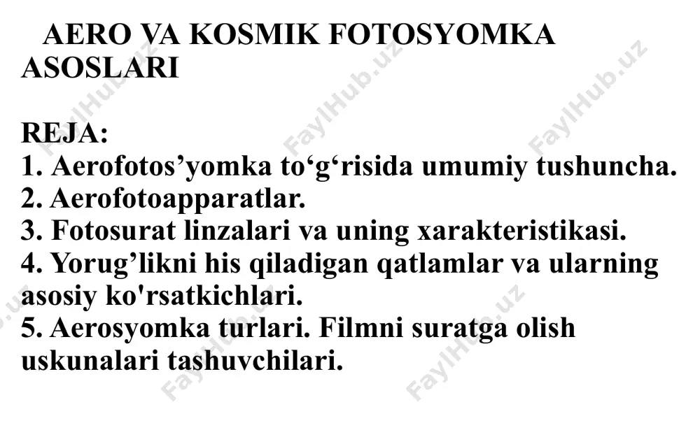 asini ifodalaydi, bunda kadrni ta'sir qilish paytida tashuvchining harakatini e'tiborsiz qoldirish mumkin, bu an'anaviy fotogrammetriya nazariyasi va amaliyotida aks etadi. kosmik tasvirning o'ziga xosligi dinamik deb nomlangan tegishli tasvirlash tizimlaridan foydalanishni talab qildi. natijada dinamik fotogrammetriya paydo bo'ldi, bunda dinamik tasvir tizimlari yordamida olingan tasvirlarni geometrik talqin qilish usullari ko'rib chiqiladi. ko'p o'tmay, dinamik tasvir tizimlari nafaqat kosmik tadqiqotlar, balki havo tadqiqotlarida ham qo'llanila boshladi. 1. aerofotos’yomka to‘g‘rsiida umumiy tushuncha aerofotosuratning eng muhim dasturlaridan biri bu havo va kosmik suratga olish, ya'ni samolyotlardan - samolyotlar, vertolyotlar, sun'iy yer yo'ldoshlari va boshqalardan yer yuzining tasvirini olishdir. aerosyomka - bu hududning rejalari va xaritalarini tuzish uchun keyinchalik foydalanish maqsadida havo negativlari va aerofotograflar yoki raqamli tasvirlarni olish bo'yicha ishlar to'plami. "havo surati" atamasi bir-biriga bog'liq bo'lgan bir qancha jarayonlarni birlashtiradi, xususan: - parvozlarni tekshirish ishlari, shu jumladan aerosyomka uchun texnik shartlarni ishlab chiqish, loyiha tuzish va uni bajarish; an'anaviy bo'lsa, dala fotosuratlari …