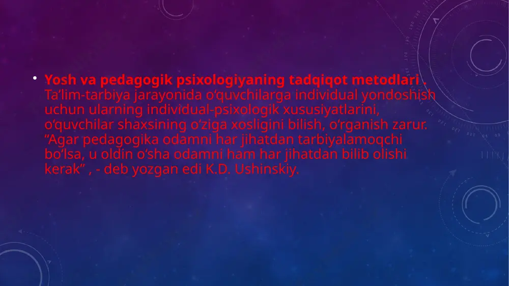 va o‘z navbatida bu bosqich birin- ketin qo‘llaniladigan qator bo‘g‘inlarga – eksperiment seriyalariga bo‘linadi. tadqiqotning uchinchi bosqichi – tadqiqot ma’lumotlarini sifat jihatidan qayta ishlashdir. u psixologiyaning matematik apparatini – dastlab ilgari surilgan farazning tasdig‘i tarzida olingan xulosalarning haqqoniyligi haqida hukm chiqarish imkonini beradigan turli xildagi statistik usullar va ehtimollik nazariyasining asosiy qoidalarini qo‘llanishni taqozo etadi. tadqiqotning to‘rtinchi – bosqichi olingan ma’lumotlarni izohlab berish, ularni psixologik nazariya asosida talqin qilish, farazning to‘g‘ri yoki noto‘g‘riligini uzil- kesil aniqlashdan iboratdir. eʼtiboringiz uchun rahmat image2.png image3.png /docprops/thumbnail.jpeg