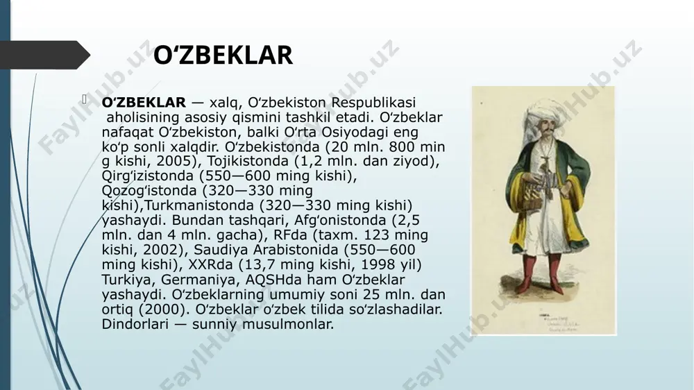 ng makon va zamoni aniklangan. maʼlumki, mil. av. 3-asr da sirdaryoning oʻrta oqimida turkiy va sugʻdiylar ittifoqi asosida qangʻ davlati tashkil topgan edi. oʻzbeklar qangʻ davlati davrida movarounnahr va unga tutash mintaqalardagi xalqlarning iqtisodiy siyosiy va etnomadaniy aloqalarining tobora rivojlanib borishi natijasida turkiyzabon etnoslar ustuvorlik qilib, oʻziga xos uygʻunlashgan madaniyat shakllandi. arxeologik asarlarda bu madaniyat qovunchi madaniyati nomini olgan. antropolog olimlarning taʼkidlashlaricha aynan shu davrlarga kelib, oʻrta osiyo ikki daryo oraligʻi antropologik tipi (qiyofasi) toʻliq shakllangan (q. pomirfaryuna irki). oʻzbeklar etnogenezida qatnashgan navbatdagi etnik komponentlar kushonlar hamda mil. 4—5-asrlarda oʻrta osiyoning markaziy viloyatlariga janubiy sibirdan, jungʻoriyadan, sharqiy turkistondan siljigan xioniylar, kidariylar va eftaliylarsir. shuningdek, oʻzbeklar etnogeneziga faol taʼsir oʻtkazgan turkiy etnik komponentlar asosan turk xokonligi (6—8-asrlar) davrida oʻrta osiyoning markaziy mintaqalari (toshkent, zarafshon, qashqadaryo, surxondaryo vohalari, fargʻona vodiysi) va xorazmga kelib joylashib, maʼlum bir tarixiy davr mobaynida, bu etnik komponentning aksariyat qismi oʻtroqlashdi. turk xoqonligi davrida kirib kelgan turkiy komponentlar …