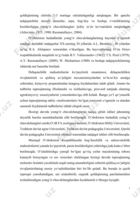 l o‘zbekiston respublikasida bog‘dorchilik va sabzavotchilik mahsulotlarini yanada ko‘paytirish, paxta hosildorligini oshirishga juda katta e’tibor berilmoqda. o‘zlashtirishga yaroqli bo‘lgan qo‘riq yerlar maydonining tobora kamayib borayotgan va suv resurslari cheklangan hozirgi davrda tuproqlarning melorativ holatini yaxshilash orqali uning unumdorligini oshirish qishloq xo‘jaligini rivojlantirishning asosiy yo‘nalishlaridan biri bo‘lib qoladi. bu borada in qazib tuproqni yumshatadigan, uni aralashtirib, organik qoldiqlarning parchalanishini tezlashtiradigan yomg‘ir chuvalchanglaridan foydalanish e’tiborga loyiqdir. bitiruv malakaviy ishning maqsadi va vazifalari. mazkur ishning maqsadi yomg‘ir chuvalchanglarining bioekologik xususiyatlarini o‘rganishdan iborat bo‘lib, buning uchun quyidagi vazifalar belgilab olindi: -yomg‘ir chuvalchanglarini anatomo-morfologik xususiyatlarini o’rganish; -yomg‘ir chuvalchanglarining bioekologik xususiyatlarini o’rganish; -yomg‘ir chuvalchanglarining tuproqda vertikal taqsimlanishi o’rganish; -yomg‘ir chuvalchanglarining regeneratsiyasini o’rganish. ishning ilmiy ahamiyati. o‘zbekistonda uchraydigan yomg‘ir chuvalchanglarini 21 turining anotomo-morfologik xususiyatlari o‘rganildi. yomg‘ir chuvlchanlari turlariga qarab turli vaqt oralig‘ida umr ko‘rishi, tuproq harorati 21 c0 , namligi 60 foizdan yuqori bo‘lganda ular pillaga 4 tadan 20 donagacha tuxum qo‘yib ko‘payashi aniqlandi. yomg‘ir chuvalchanglari tuproq …