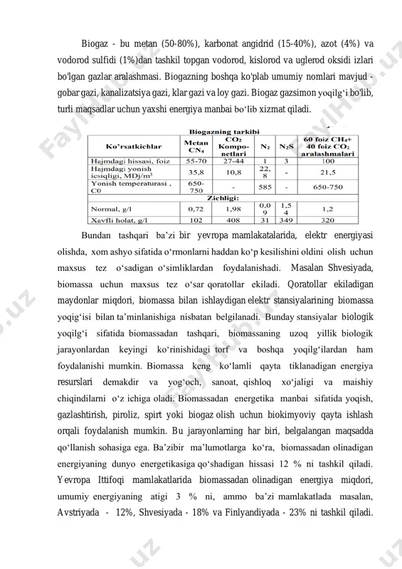 izlari bo'lgan gazlar aralashmasi. biogazning boshqa ko'plab umumiy nomlari mavjud - gobar gazi, kanalizatsiya gazi, klar gazi va loy gazi. biogaz gazsimon yoqilg‘i bo'lib, turli maqsadlar uchun yaxshi energiya manbai bo‘lib xizmat qiladi. bundan tashqari ba’zi bir yevropa mamlakatalarida, elektr energiyasi olishda, xom ashyo sifatida o‘rmonlarni haddan ko‘p kesilishini oldini olish uchun maxsus tez o‘sadigan o‘simliklardan foydalanishadi. masalan shvesiyada, biomassa uchun maxsus tez o‘sar qoratollar ekiladi. qoratollar ekiladigan maydonlar miqdori, biomassa bilan ishlaydigan elektr stansiyalarining biomassa yoqig‘isi bilan ta’minlanishiga nisbatan belgilanadi. bunday stansiyalar biologik yoqilg‘i sifatida biomassadan tashqari, biomassaning uzoq yillik biologik jarayonlardan keyingi ko‘rinishidagi torf va boshqa yoqilg‘ilardan ham foydalanishi mumkin. biomassa keng ko‘lamli qayta tiklanadigan energiya resurslari demakdir va yog‘och, sanoat, qishloq xo‘jaligi va maishiy chiqindilarni o‘z ichiga oladi. biomassadan energetika manbai sifatida yoqish, gazlashtirish, piroliz, spirt yoki biogaz olish uchun biokimyoviy qayta ishlash orqali foydalanish mumkin. bu jarayonlarning har biri, belgalangan maqsadda qo‘llanish sohasiga ega. ba’zibir ma’lumotlarga …