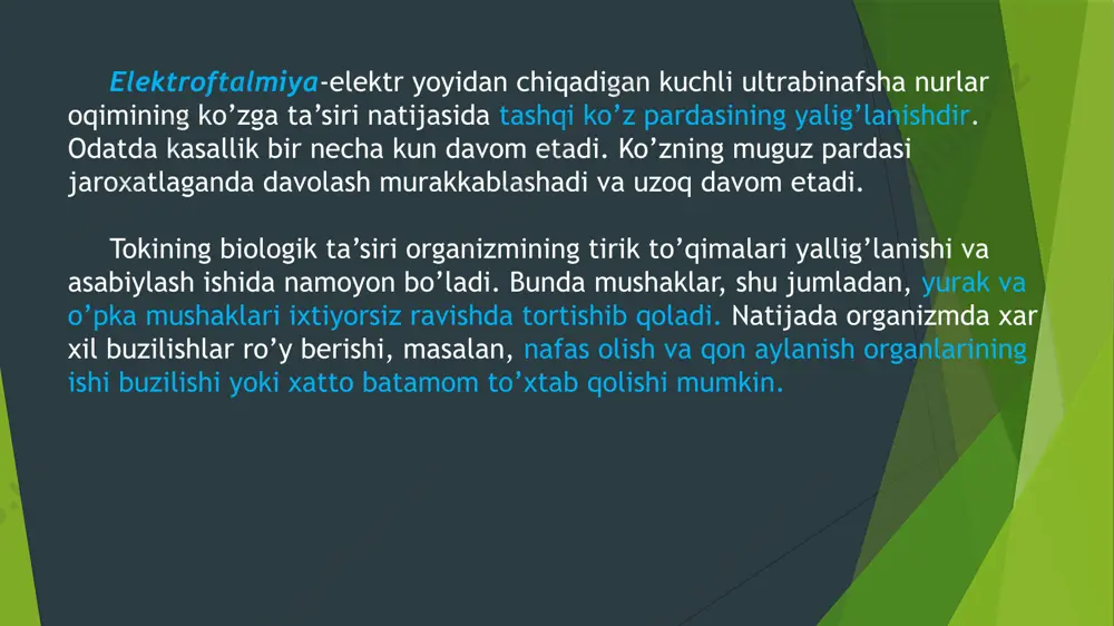 -12 marta havo yuborish lozim. havoni doka dastrumol yoki maxsus naycha orqali puflash kerak. samarali sun’iy nafas berish tok urgan odam o’zi nafas ola boshlagandan keyin xam u to’liq o’ziga kelguniga qadar ma’lum sun’iy nafas oldirishda davom etish kerak. bundan maqsad organizmda qon aylanishiga yordam berish va yurakning mustaqil ishlashini ta’minlashdir. yuragini tashqi tomondan uqalash uchun shikastlangan odamni qattiq yerga (pastak stol, polga) chalqancha yotqazib, ko’krak qafasini ochish, kamari, belbog’ini yechib olish kerak. yordam ko’rsatayotgan odam shikastlanganning ko’krak suyagi pastki uchdan bir qismining xolatini aniqlab, oxirigacha to’g’rilangan bir qo’l kaftining pastki qismini shu yerga qo’yib, uning ustiga to’g’ri burchak ostida bukilgan ikkinchi qo’lini va butun tanasini qamragan xolda uning ko’krak qafasini bosadi. ko’krak qafasini taxminan sekundiga bir marta shunday tez-tez bosish kerakki, bunda ko’krak suyagining pastki qismi umurtqa tomonga 3-4 sm, semiz odamlarga esa 5-6 sm siljiydigan bo’lsin. xar bir bosilgandan so’ng ko’krak qafasi to’g’rilanishi uchun qo’llarni undan ko’tarmagan xolda …