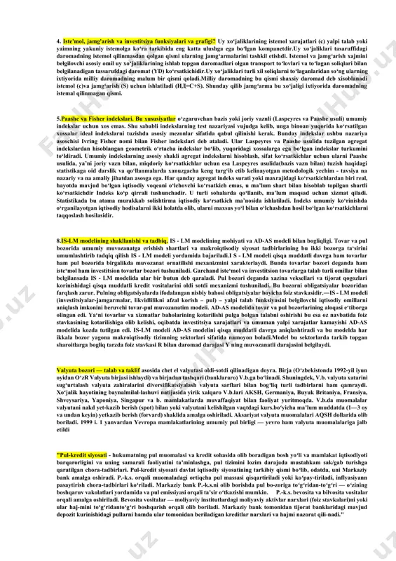 anday hal qilinadi? 6) iqtisodiy siyosat nazariyasi: davlat iqtisodiyotga qanday ta'sir qiladi;7) tashqi iqtisodiy aloqalar nazariyasi: xorijiy mamlakatlar milliy iqtisodiyotiga qanday ta'sir ko'rsatadi. 2.asosiy makroiqtisodiy ko'rsatkichlar va ularni hisoblash usullari. milliy iqtisodiyotda ishlab chiqarish, xizmat ko’rsatish hajmi va ularning o’sishi bir qator ko’rsatkichlar tizimi orqali makroiqtisodiy darajada aniqlanib, tahlil qilinadi. makroiqtisodiy ko’rsatkichlar orqali butun iqtisodiyotning holati uning o’sishi yoki orqaga ketishi tahlil qilinib, xulosa chiqariladi. ular yordamida davlat o’z iqtisodiy siyosatini belgilaydi. makroiqtisodiy ko’rsatkichlar tizimi, yaimni uningharakatining barcha bosqichlarida, ya’ni ishlab chiqarish, taqsimlash, qayta taqsimlash va natijada foydalanish bosqichlarida ko’rgazmali shaklda aks ettirishga imkon beradi.nihoyat mazkur ko’rsatkichlar tizimi mavjud resurslar va ulardan foydalanishning mos kelishi (tengligi) kuzatilganda mamlakatdagi umumiy iqtisodiy muvozanatlik holatini aks ettiradi.muayyan mamlakat iqtisodiy holatini ifoda etuvchi ko’rsatkichlar makroiqtisodiy ko’rsatkichlar deb yuritiladi. makroiqtisodiy ko’rsatkichlar miqdor va sifat ko’rsatkichlariga guruhlanadi. makroiqtisodiy miqdor ko’rsatkichlari muayyan mamlakatlar iqtisodiyotini ifodalasa, sifat ko’rsatkichlari mazkur mamlakatlar iqtisodiyotini nisbiy jihatdan aks ettiradi. makroiqtisodiy miqdor ko’rsatkichlariga …