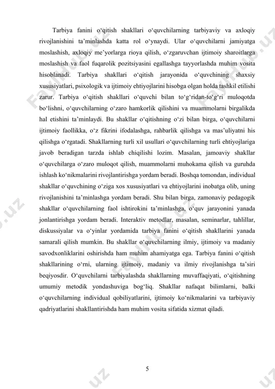 di. jamoaviy shakl o‘qitishda o‘quvchilar guruh bo‘lib ishlashadi. bu shakl o‘quvchilarga o‘zaro aloqada bo‘lish, bir-birini tushunish va birgalikda ishlashni o‘rgatadi. jamoaviy shakl orqali o‘quvchilar muammolarni birgalikda hal qilishadi, o‘zaro yordam ko‘rsatishadi va fikr almashishadi. bu shakl ijtimoiy ko‘nikmalarni rivojlantirish va guruhda ishlashda zarur bo‘lgan qobiliyatlarni shakllantirishga yordam beradi. guruhli shakl, jamoaviy shaklning kichikroq shakli sifatida, kichik guruhlarda faoliyat olib borishga asoslanadi. bu shakl o‘quvchilarga o‘zaro hamkorlik qilish va birgalikda maqsadga erishish imkoniyatini beradi. guruhli shakl o‘quvchilarning ijtimoiy mas’uliyatini oshiradi va guruhda ishlashning samaradorligini ta’minlaydi. interfaol shakllar o‘quvchilarning faol ishtirokini ta’minlaydi. bu shaklda o‘quvchilar o‘z fikrlarini erkin ifodalaydilar, savollar berishadi va mavzularni muhokama qilishadi. interfaol shakllar o‘quvchilarning jamoaviy ishlash ko‘nikmalarini, muloqot va hamkorlik qobiliyatlarini rivojlantirishga yordam beradi. bu shakl orqali o‘quvchilar o‘zlarini faol ishtirokchi sifatida his qiladilar va o‘rganilgan materiallarni amaliyotda qo‘llash imkoniyatiga ega bo‘ladilar. auditoriya shakli esa, ko‘proq an’anaviy tarzda o‘qitishning bir shakli bo‘lib, o‘qituvchi tomonidan o‘quvchilarga ma’ruzalar yoki tushuntirishlar …