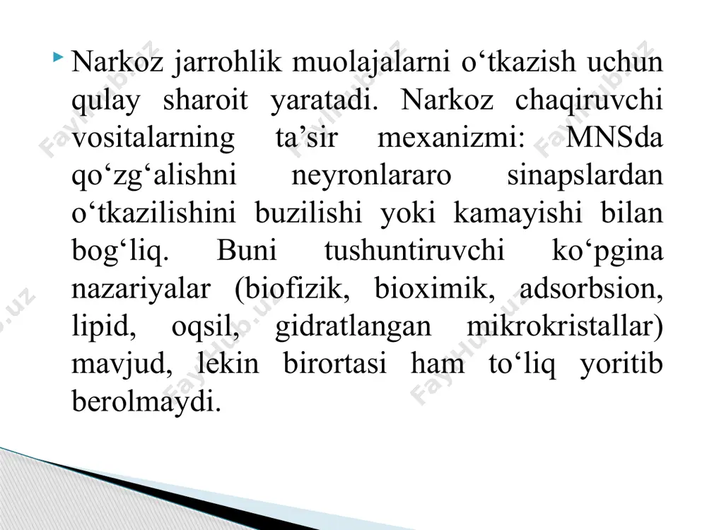 idagi 4 ta bosqichdan iborat: uchuvchan suyuq narkotik vositalar 2-3 daqiqa davom etadi. bunda miyaning pustloq qavati va retikulyar formatsiya faolligi keskin susayadi va sezuvchanlik (ayniqsa org‘iqni) yo‘qoladi. es-xush saqlanadi, ya’ni bemor savollarga javob beradi, sanashi mumkin, atrof-muhitni sezish buziladi. shartsiz reflekslar saqlangan bo‘ladi. nafas olish, yurak urishi, qon bosimi deyarli o‘zgarmaydi, lekin xotira (amnesia) yo‘qoladi. og‘riq sezish keskin kamayganligidan (yoki butunlay yo‘qolganligidan) qisqa muddatli jarrohlik muolajalarini o‘tkazish (masalan, chipqon, absesslarni yorish, yopishib qolgan boylamlarni ajratish, iplarni olish va boshqalar). 1. analgeziya bosqichi 2. qo‘g‘alish bosqichi miyaning po‘stloq qavati falajlanishi tufayli quyidagi joylashgan markazlarini boshqaruvchi subordinatsiya mexanizmining susayishidan kelib chiqadi, ya’ni po‘stloq qavatining po‘stloq osti markazlarini tormozlovchi ta’siri yo‘qoladi va po‘stloq osti markazining qo‘zg‘alishi yuzaga keladi. es-xush butunlay yo‘qoladi. bemorlarda nutq va harakatning kuchli qo‘zg‘alishi kuzatiladi. (baqirish, xaqorat qilish, ashula aytish, yig‘lash va hokazo). mushaklar kuchi ortadi. yo‘tal va qayt qilish refelekslari kuchayadi. nafas olish va yurak urishi tezlashadi. qon …