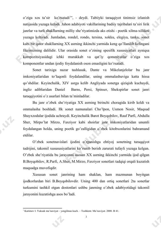 ar, asarlar yuzaga kelgan. lekin o’zbek soneti badiiyati yuzasidan fundamental tadqiqot yaratilgan emas. professor e.y.fesenkoning ”adabiyot nazariyasi” o’quv qo’llanmasining ”lirika turi va janrlari” bobida jahon va rus sonetnavislari tajribasi yuzasidan qimmatli kuzatishlar bor. sonetning o’ziga xos xususiyatlari bilan alohida shug’ullangan b.mixaylechenkoning ilmiy izlanishlari e’tiborga molik. u b.boyqobilov ijodi misolida o’zbek sonetining xos jihatlarini, sonetnavislar ijodi namunalarini izchil o’rganadi. ”o’zbek soneti poetikasi” tadqiqoti bu jihatdan e’tiborli. unda o’zbek sonetnavisligi shartli ravishda bosqichlarga bo’lib o’rganilgan. sonet janriga qo’l urganlar izlanishlari ko’proq qofiyalanish tartibiga, mazmun-mohiyatiga ko’ra tekshirilgan. mixaylichenkoning rus sonetnavislari ijodi namunalari xususidagi nazariy qarashlari janr tadqiqida o’ziga xos o’ringa ega. abdulla sherning ”sonet sirlari” maqolasida ushbu janr genezisi masalasi yoritilgan, uning kelib chiqqishi sharq adabiyotidagi g’azal janrining mumtoz yetti baytlik namunalari bilan bog’langan. sonetning ham shaklan, ham mazmunan dialektik tizimga asoslangan qat’iy shakl ekanligini ta’kidlash a.sher maqolasining maqolasining mag’zini tashkil etadi. b.boyqobilov maqolasida sonetning janr xususiyatlari va taraqqiyot tadrijiga to’xtaladi, janr imkoniyatlarini …