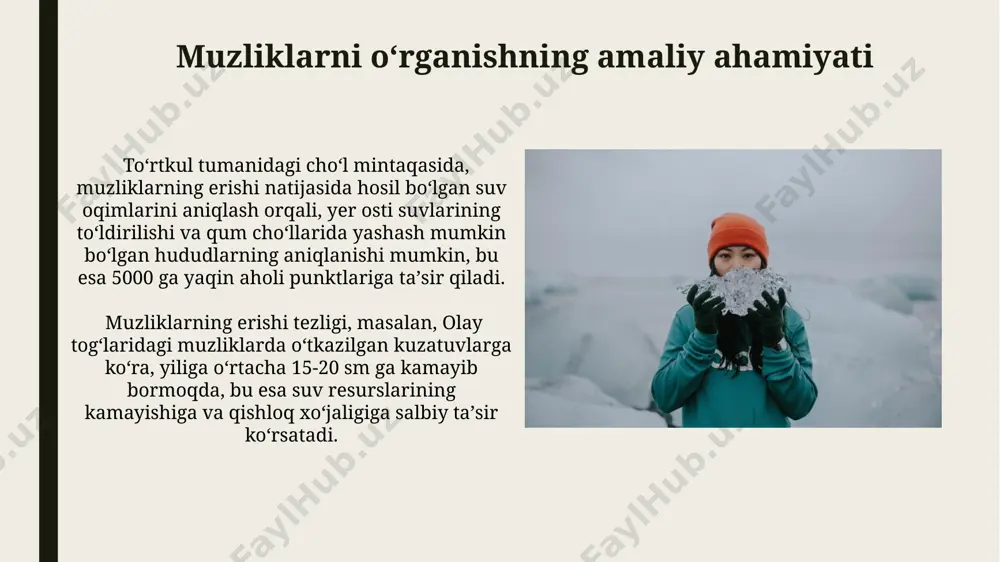 ularning umumiy maydoni 200 kvadrat kilometrdan oshadi. oʻzbekistonning muzliklari, asosan, mamlakatning sharqiy va janubi-sharqiy togʻli hududlarida, xususan, pomir-alay tizmasida, 3500 metr va undan yuqori balandliklarda joylashgan. muzliklar va qishloq xoʻjaligi qashqadaryo viloyatining tog‘li hududlaridagi muzliklarning erishi natijasida 20-30% ga yaqin suv resurslari hosil bo‘lib, bu viloyatning paxtachilik va bog‘dorchilik xo‘jaliklarini suv bilan ta’minlashda muhim ahamiyatga ega. amu-daryo havzasidagi muzliklarning kamayishi surxondaryo viloyatining 15000 ga yaqin gektar yer maydonini sug‘orish uchun zarur bo‘lgan suv miqdorining pasayishiga olib kelishi mumkin, bu esa hosildorlikka salbiy ta’sir ko‘rsatadi. muzliklarning erishi va uning oqibatlari pamir-alaydagi muzliklarning erishi natijasida sel va ko'chki xavfi 30% ga oshgan, bu esa 2000 dan ortiq aholi yashaydigan qishloqlar uchun jiddiy tahdid tug'dirmoqda. alay tog'laridagi muzliklarning 20% dan ortig'i so'nggi 50 yil ichida erigan, bu esa farg'ona vodiysidagi suv ta'minotiga sezilarli ta'sir ko'rsatmoqda va qurg'oqchilik xavfini oshirmoqda. muzliklarning iqlimga ta'siri muzliklardan oqib tushadigan suv, taxminan 2000 kub metrga yaqin, amudaryo va …