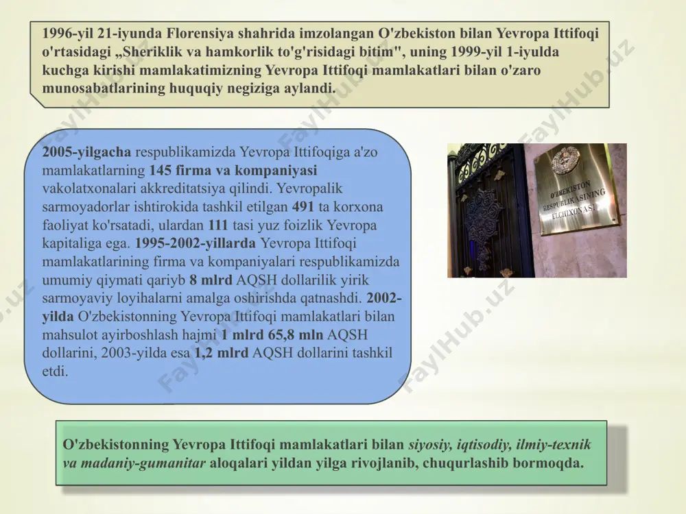 yib bormoqda. qishloq xo'jaligi mahsulot­larini qayta ishlash, oziq-ovqat, neft va gaz sanoati, qurilish va boshqa sohalarda hamkorlik qilinmoqda. o'zbekiston milliy banki bilan fransiyadagi yirik „kredit kommersial de frans" banki o'rtasida muddaolar haqida bitim imzolandi, unda buxoroda neftni qayta ishlash zavodi qurish loyihasini pul bilan ta'minlash ko'zda tutildi. taniqli „elf-akiten" neft-kimyo konserni, „texnip" firmasi va boshqa kompaniyalar bilan buxoroda neftni qayta ishlash zavodi qurishga kelishildi. fransiya va o'zbekiston o'rtasida savdo-sotiq hisob-kitoblarini ta'minlab turgan „kredit kommersial de frans" banki zavod qurilishini ham mablag' bilan ta'minladi. 1994-yil 25— 27-aprel kunlari fransiya prezidenti f.mitteranning o'zbekistonga qilgan rasmiy tashrifi chog'ida imzolangan ikki mamlakat tashqi ishlar vazirliklari o'rtasidagi hamkorlik to'g'risida, o'zbekiston va fransiya o'rtasida fuqarolarning erkin harakati haqidagi bitimlar, shuningdek, havo transporti sohasida hamkorlik to'g'risidagi deklaratsiyalar qo'shildi. 1996-yil aprel oyida o'zbekiston prezidenti boshchiligidagi davlat delegatsiyasining fransiyaga tashrifi chog'ida ikki mamlakat o'rtasida ikki tomonlama soliq olmaslik to'g'risida konvensiya hamda moliyaviy protokol imzolandi. 11 o’zbekiston va buyuk britaniya …