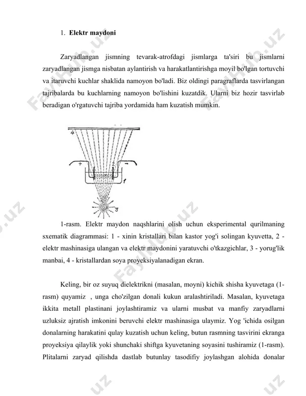 . shunday qilib, "elektr maydoni" tushunchasi bilan biz elektr zaryadining harakatlari namoyon bo'ladigan bo'shliqni bildiramiz . agar bitta emas, balki bir nechta zaryadlar turli joylarda joylashgan bo'lsa, u holda atrofdagi fazoning istalgan nuqtasida bu zaryadlarning qo'shma harakati o'zini namoyon qiladi, bu barcha zaryadlar tomonidan yaratilgan elektr maydoni. e'tibor bering, elektr energiyasini o'rganishning boshida ko'pincha elektr maydonini "tushuntirish" istagi paydo bo'ladi, ya'ni biz issiqlik hodisalarini atomlar va molekulalarning tasodifiy harakatiga qisqartirganimiz kabi, uni boshqa o'rganilgan hodisalarga qisqartirish. biroq, elektr energiyasi sohasidagi bunday ko'plab urinishlar har doim muvaffaqiyatsiz yakunlandi. shuning uchun elektr maydoni mustaqil ekanligini hisobga olish kerak termal yoki mexanik hodisalarga tushirib bo'lmaydigan jismoniy haqiqat. elektr hodisalari yangi sinfni ifodalaydi biz tajriba orqali tanish bo'lgan tabiat hodisalari va bizning keyingi vazifamiz elektr maydonining xususiyatlarini va uning qonunlarini o'rganish bo'lishi kerak. 2. elektr potentsiali elektr maydoni ma'lum miqdorda energiyaga ega, ya'ni ishni bajarish qobiliyati. ma'lumki, energiya bahorda ham to'planishi mumkin, buning uchun …