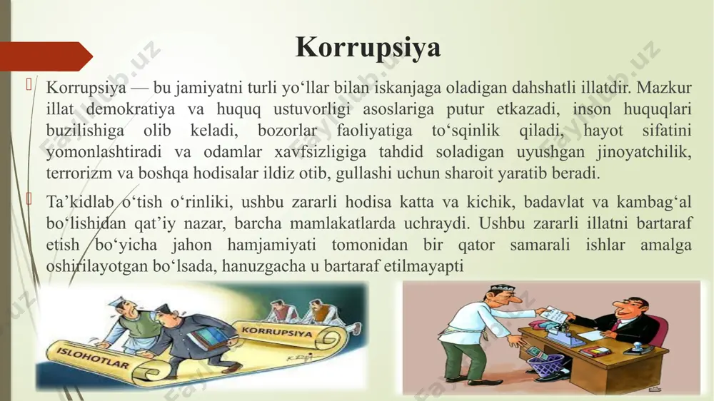 va boshqa qimmatbaho buyumlari, shuningdek bankdagi omonatlari to‘g‘risida rasmiy nashrlarda ma’lumotlar berib borilishi belgilangan. transparency international xalqaro tashkiloti korrupsiyaga qarshi kurash borasida qator chora-tadbirlar respublikamizda ham korrupsiyaga qarshi kurash borasida qator chora-tadbirlar amalga oshirilmoqda. jumladan, o‘zbekiston respublikasi bosh prokuraturasida iqtisodiy jinoyatchilik va korrupsiyaga qarshi kurash boshqarmasi faoliyat yuritayapti. 2001 yilda bosh prokuratura huzurida soliqqa oid jinoyatlarga qarshi kurash departamenti tashkil etildi, 2002 yilda departament soliq va valutaga oid jinoyatlarga qarshi kurash departamenti etib qayta tashkil etildi. “qonun himoyasida” jurnalida berilgan ma’lumotga ko‘ra 2002 yilda iqtisodiy jinoyatchilik va korrupsiyaga qarshi kurash boshqarmasi tomonidan jinoyat natijasida yetkazilgan zarar va to‘lanmagan soliq to‘lovlarining 1,007 mlrd. so‘mi hamda 31.221.680 aqsh dollari tergov davrida undirilgan, aybdor shaxlar esa sud hukmi bilan tegishli javobgarlik choralariga tortilgan. yuqorida ta’kidlab o‘tilganidek, davlat boshqaruvi organlari va respublika ahamiyatidagi yirik kompaniyalar rahbariyati tomonidan respublikamiz manfaatlariga zid bitimlar tuzish va boshqa korrupsiyaviy qilmishlar huquqni muhofaza qiluvchi idoralar tomonidan aniqlanib aybdor shaxslar …